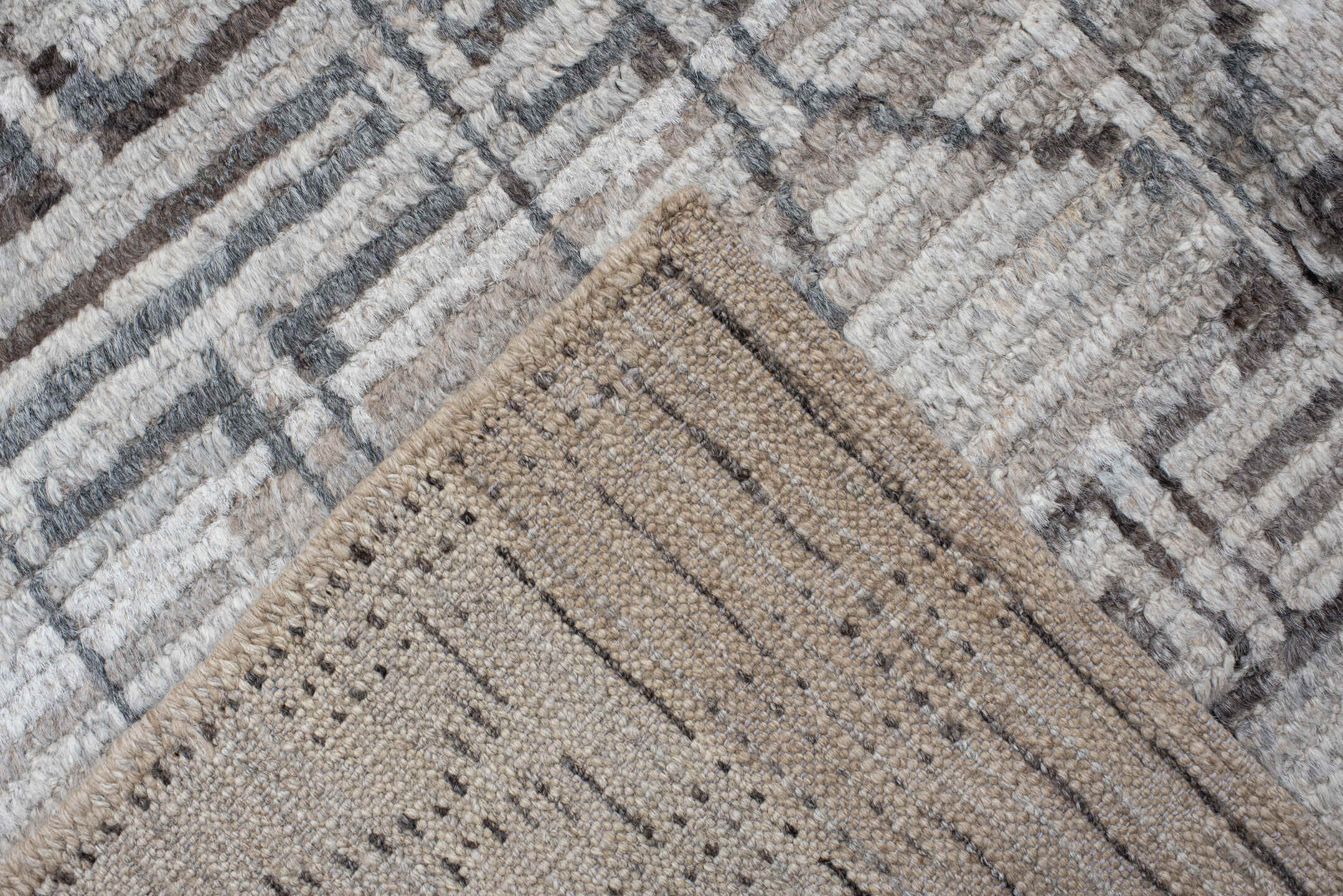 10' x 14' one-of-a-kind handmade vintage Tulu large size rug. Color palette: ivory, taupe, gray, cream, beige