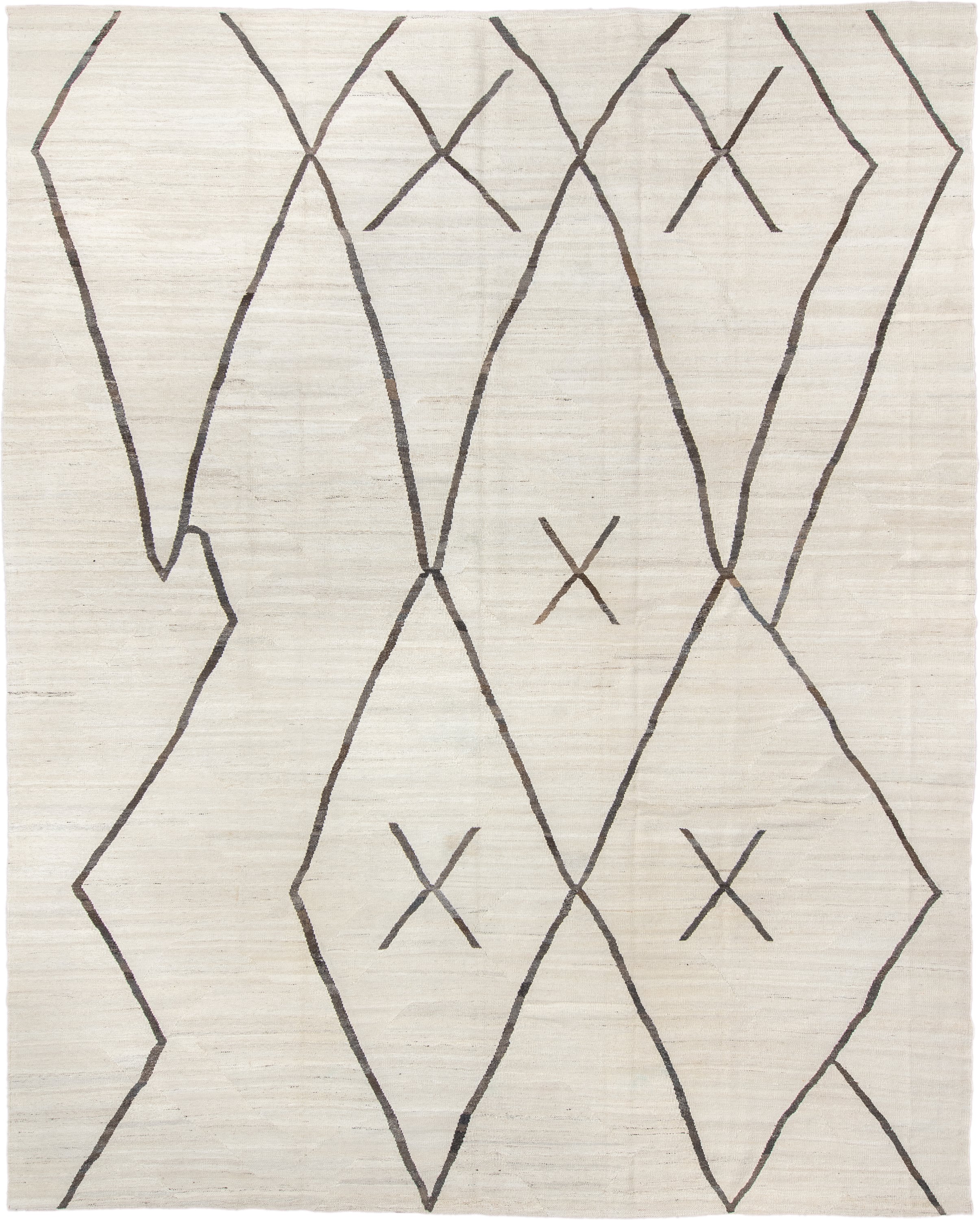 11' x 14' one-of-a-kind handmade vintage Kilim oversize rug. Color palette: ivory, charcoal, taupe, gray, black, beige