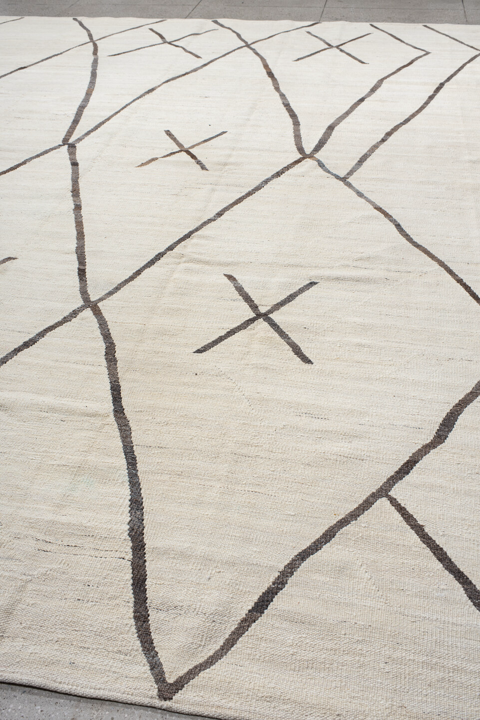 11' x 14' one-of-a-kind handmade vintage Kilim oversize rug. Color palette: black, dim gray, gray, light gray, linen