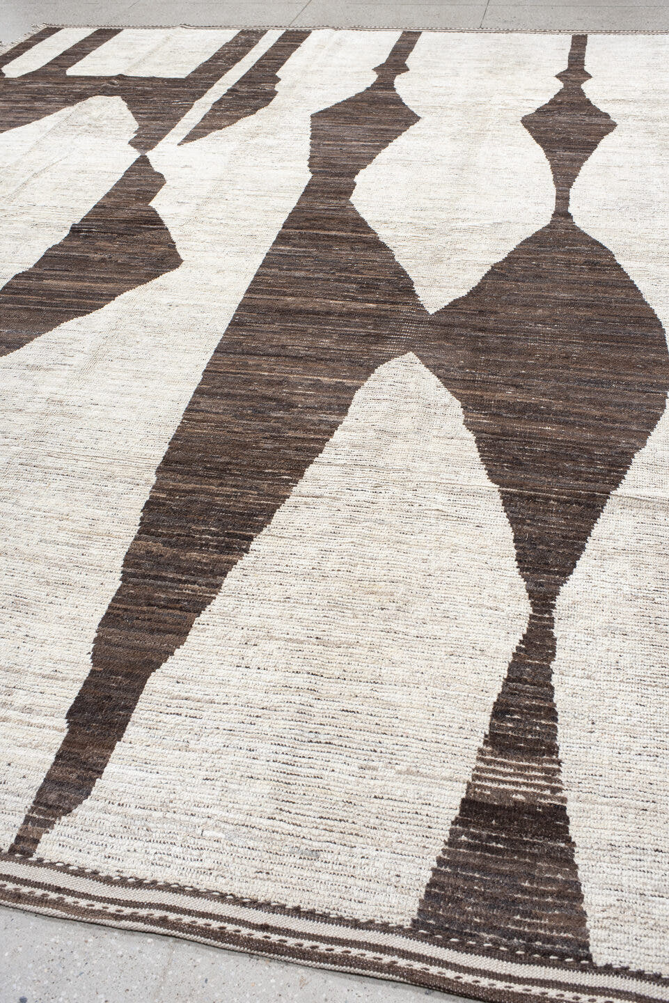 10' x 14' one-of-a-kind handmade vintage Tulu large size rug. Color palette: ivory, brown, taupe, charcoal, beige, gray