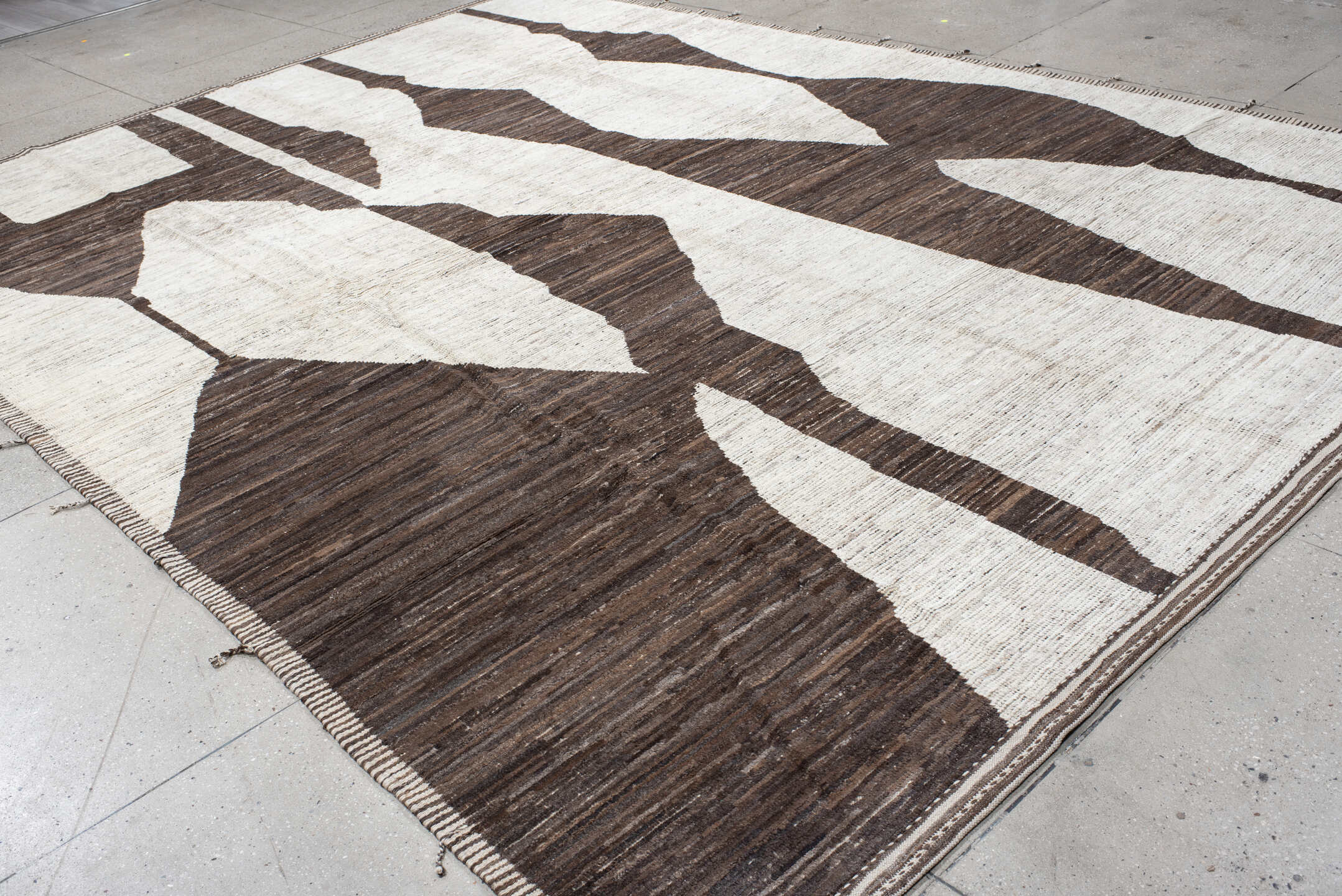 10' x 14' one-of-a-kind handmade vintage Tulu large size rug. Color palette: ivory, brown, taupe, charcoal, beige, gray