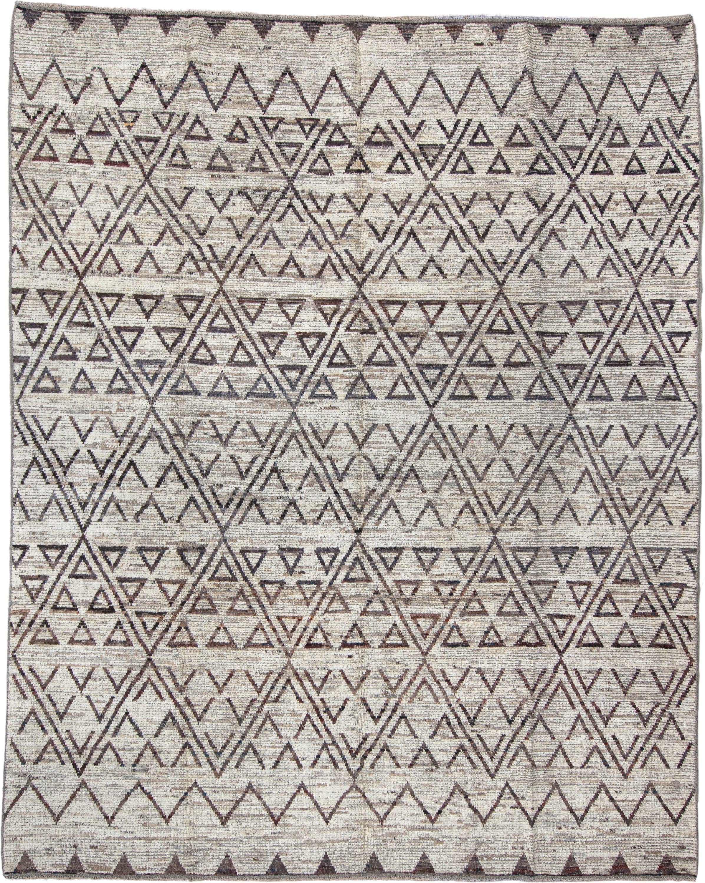 9' x 11' one-of-a-kind handmade vintage Tulu large size rug. Color palette: ivory, brown, taupe, charcoal, beige, gray