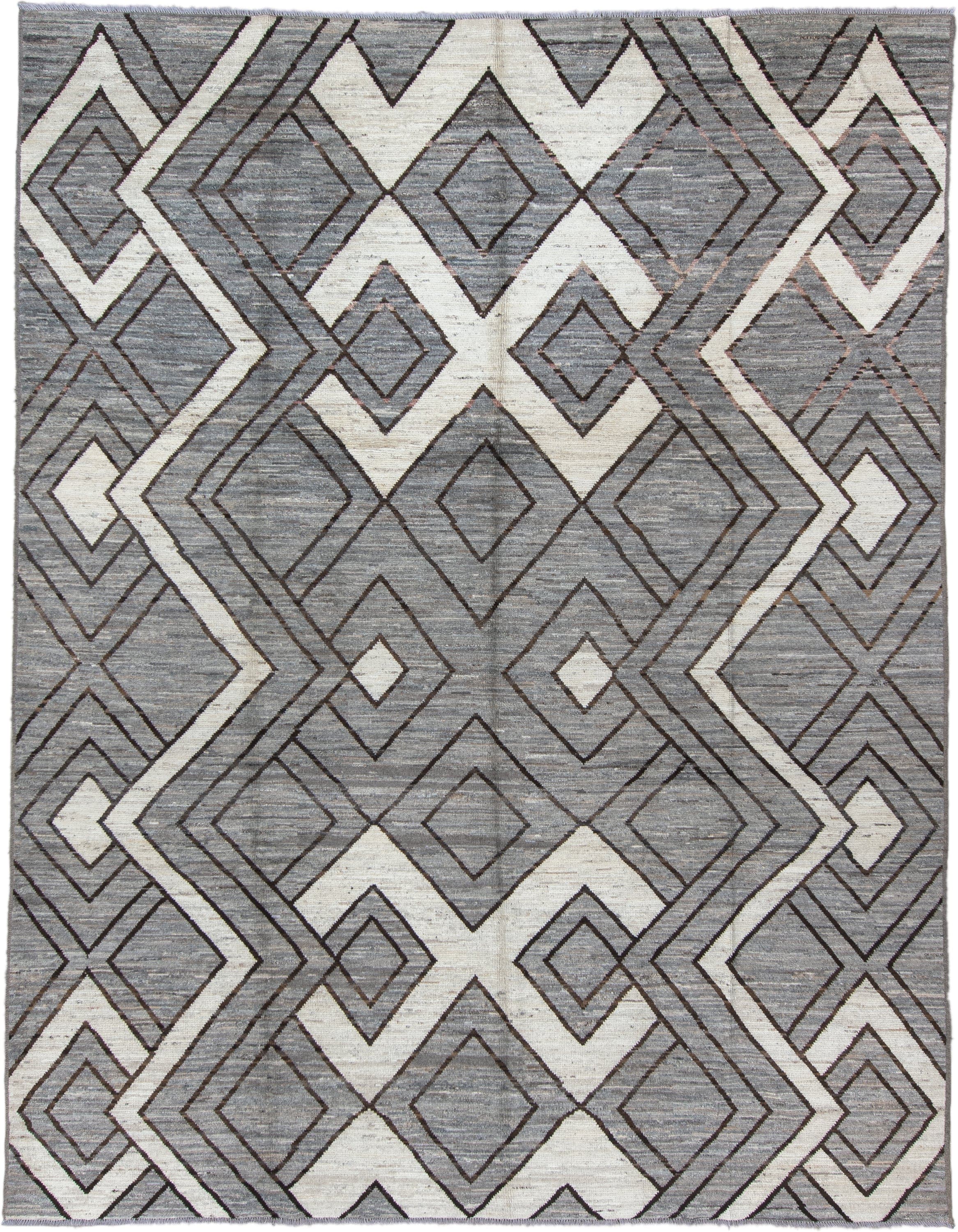 9' x 11' one-of-a-kind handmade vintage Tulu large size rug. Color palette: gray, ivory, charcoal, taupe, black, beige
