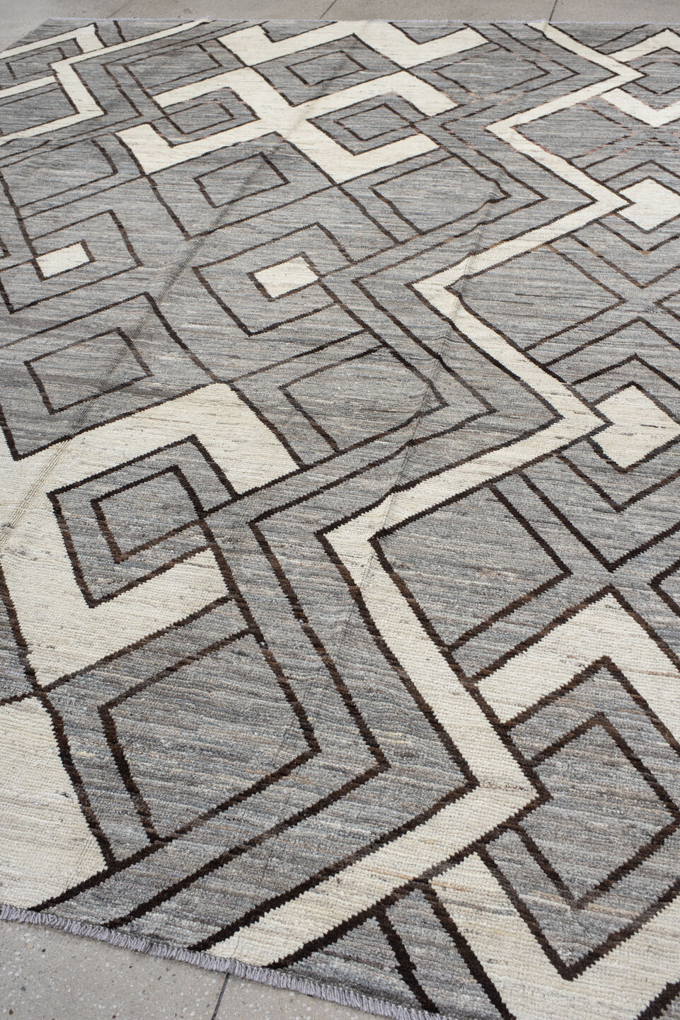9' x 11' one-of-a-kind handmade vintage Tulu large size rug. Color palette: gray, ivory, charcoal, taupe, black, beige