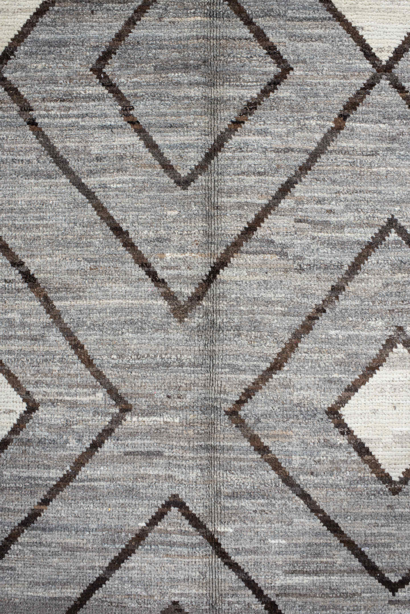 9' x 11' one-of-a-kind handmade vintage Tulu large size rug. Color palette: gray, ivory, charcoal, taupe, black, beige