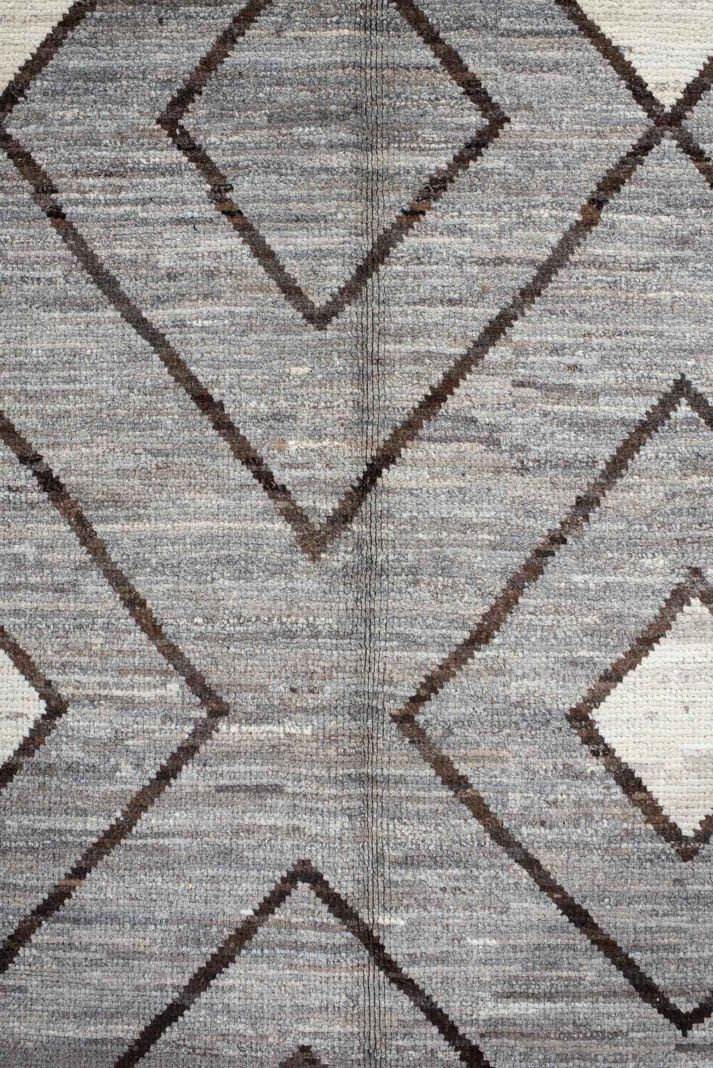 9' x 11' one-of-a-kind handmade vintage Tulu large size rug. Color palette: gray, ivory, charcoal, taupe, black, beige
