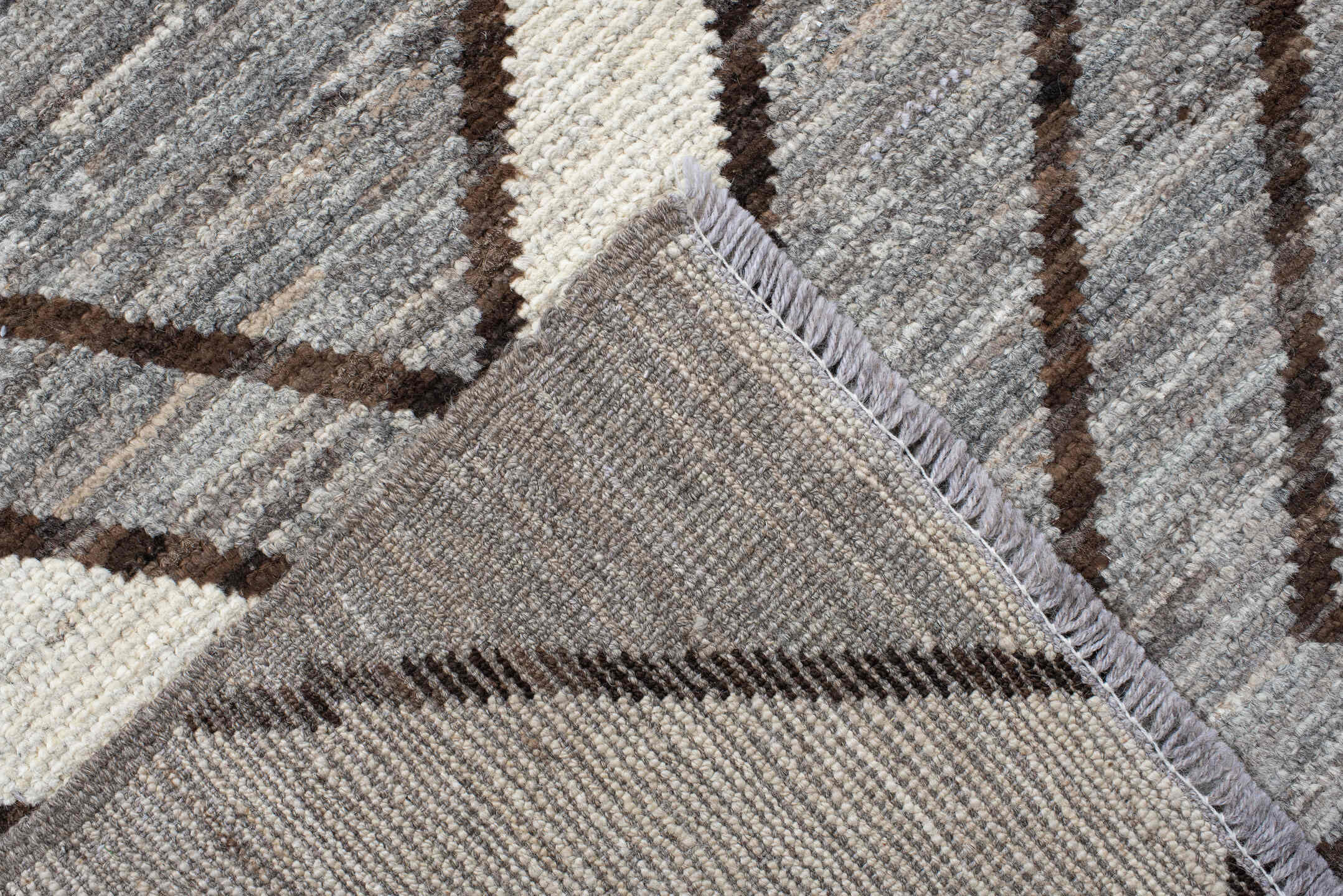 9' x 11' one-of-a-kind handmade vintage Tulu large size rug. Color palette: gray, ivory, charcoal, taupe, black, beige