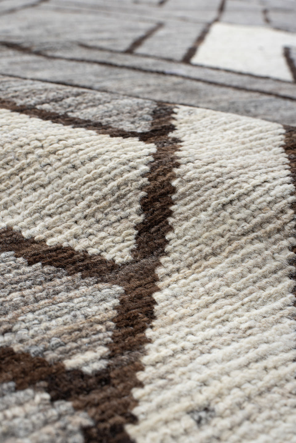 9' x 11' one-of-a-kind handmade vintage Tulu large size rug. Color palette: gray, ivory, charcoal, taupe, black, beige