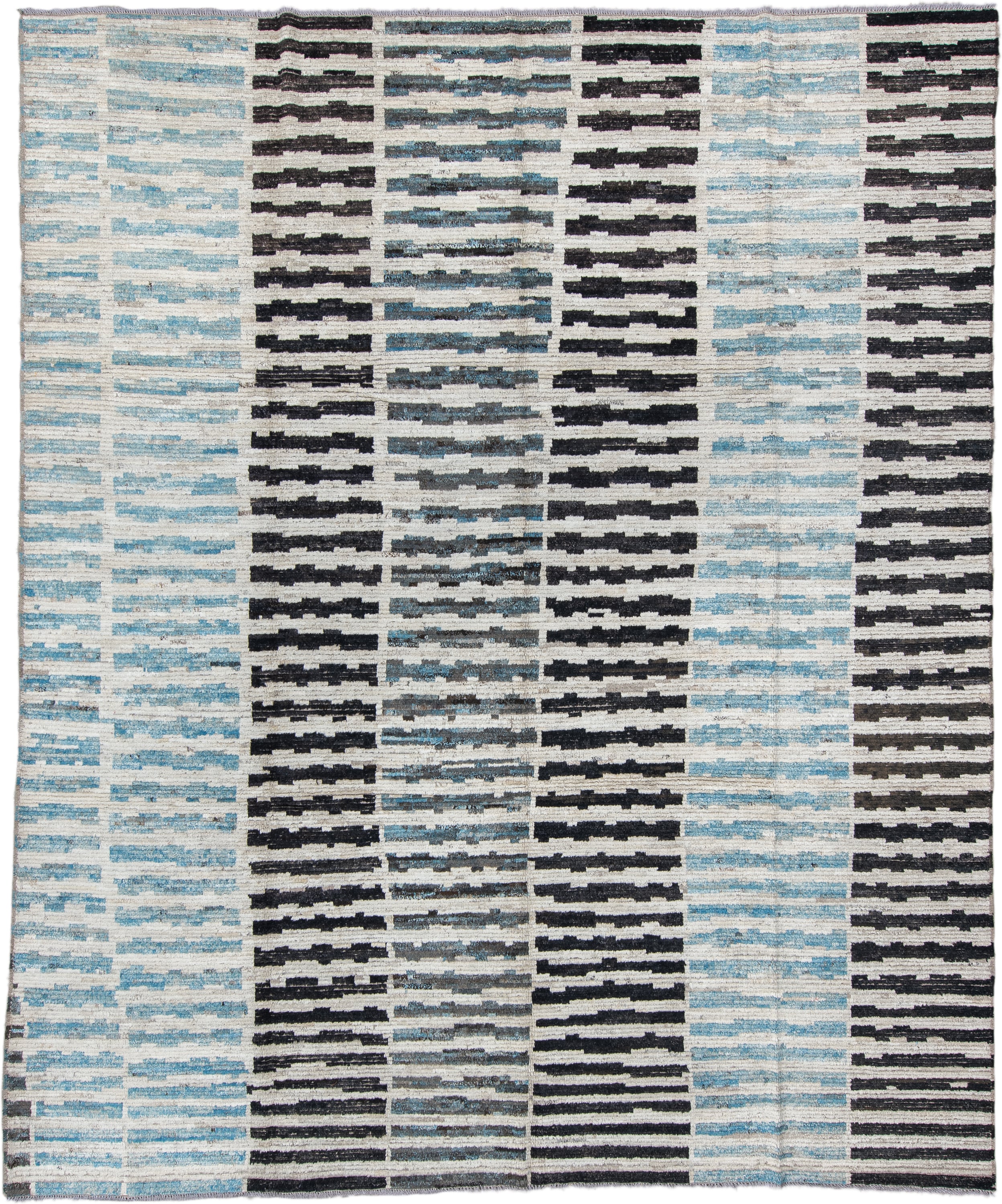 9' x 11' one-of-a-kind handmade vintage Tulu large size rug. Color palette: ivory, sky blue, charcoal, gray, black