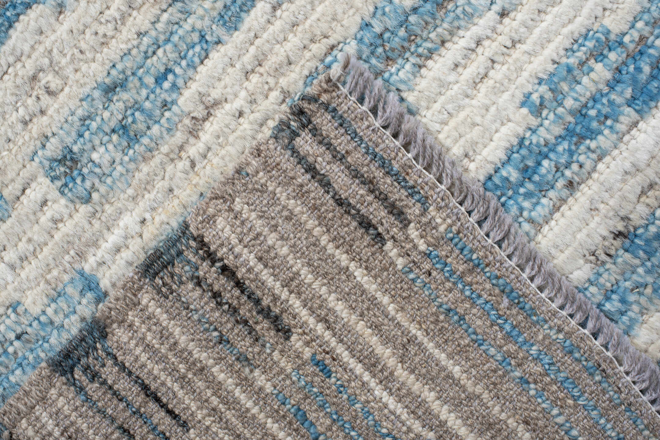 9' x 11' one-of-a-kind handmade vintage Tulu large size rug. Color palette: ivory, sky blue, charcoal, gray, black