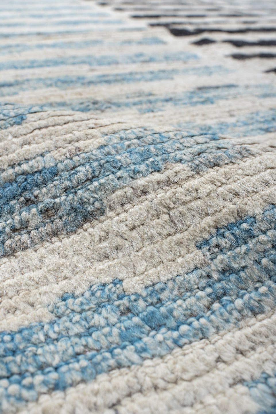 9' x 11' one-of-a-kind handmade vintage Tulu large size rug. Color palette: ivory, sky blue, charcoal, gray, black