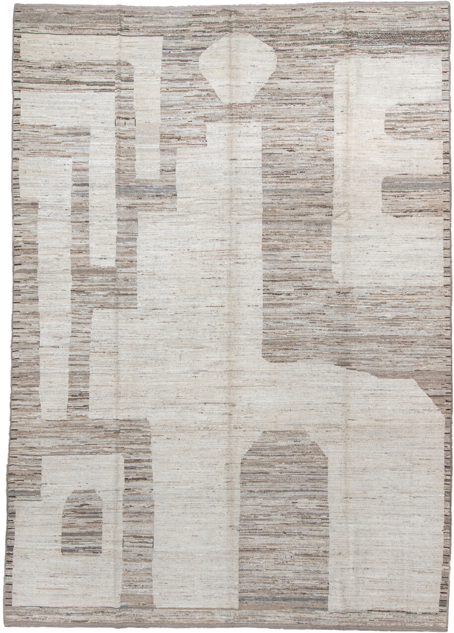 9' x 13' one-of-a-kind handmade vintage Tulu large size rug. Color palette: ivory, taupe, beige, cream, greige, stone, gray