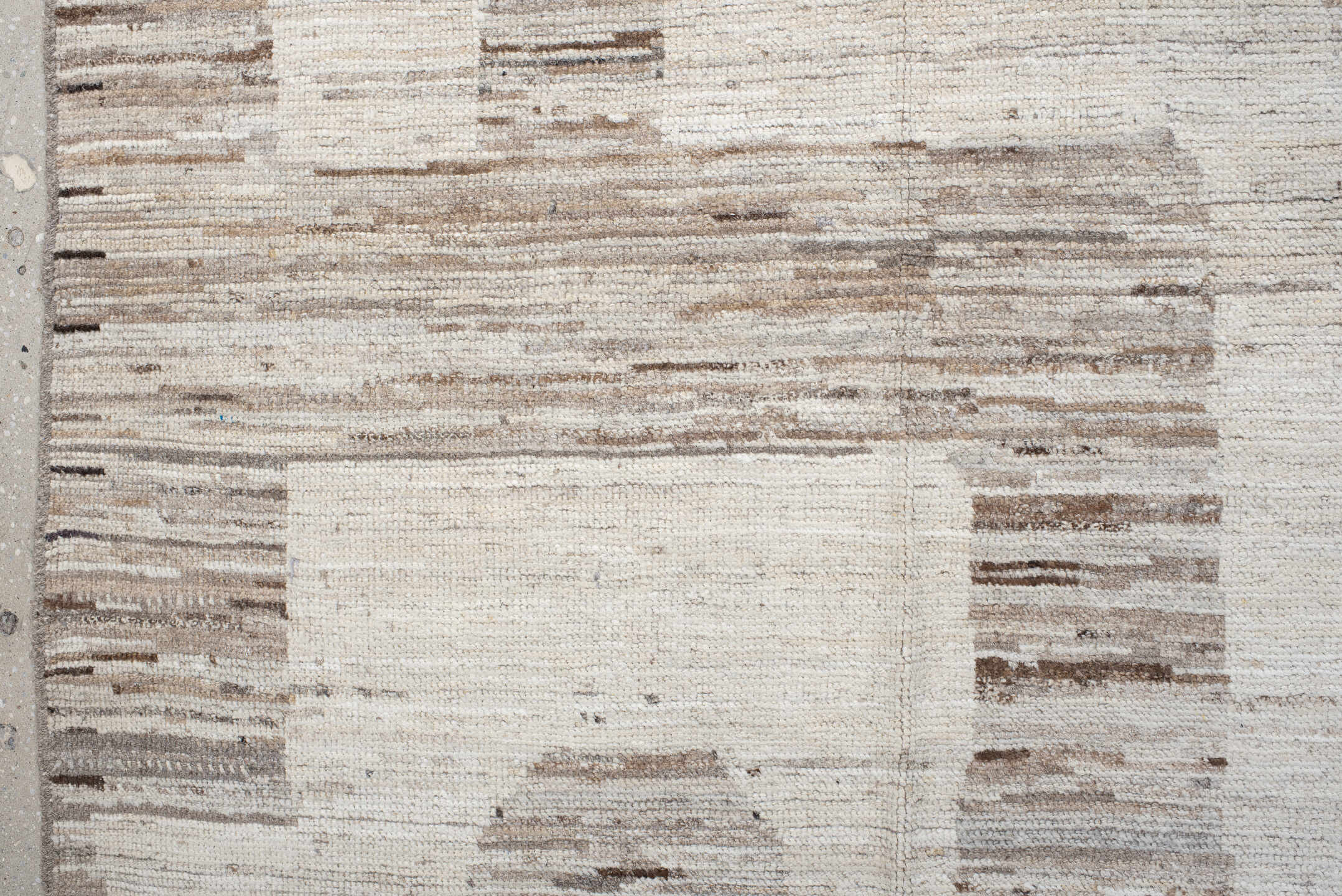 9' x 13' one-of-a-kind handmade vintage Tulu large size rug. Color palette: ivory, taupe, beige, cream, greige, stone, gray