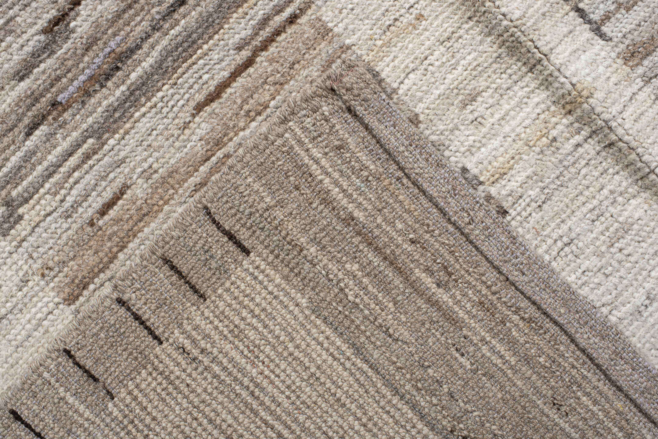 9' x 13' one-of-a-kind handmade vintage Tulu large size rug. Color palette: ivory, taupe, beige, cream, greige, stone, gray