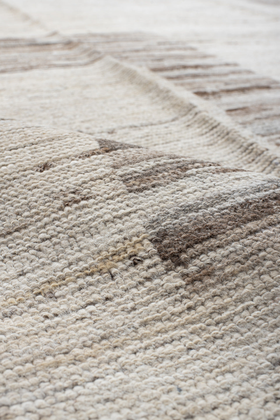 9' x 13' one-of-a-kind handmade vintage Tulu large size rug. Color palette: ivory, taupe, beige, cream, greige, stone, gray