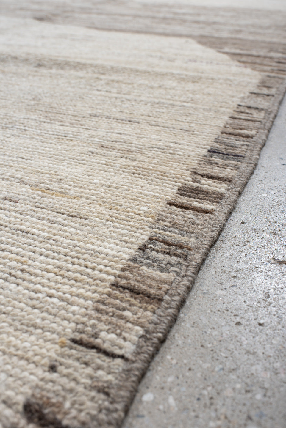 9' x 13' one-of-a-kind handmade vintage Tulu large size rug. Color palette: ivory, taupe, beige, cream, greige, stone, gray