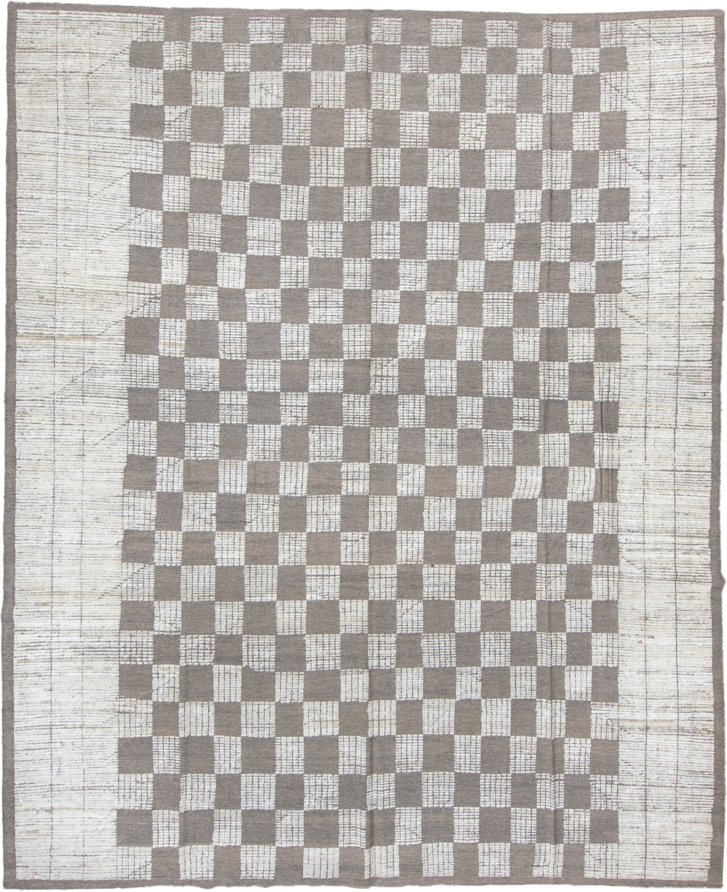10' x 13' one-of-a-kind handmade vintage Tulu large size rug. Color palette: ivory, taupe, gray, cream, beige