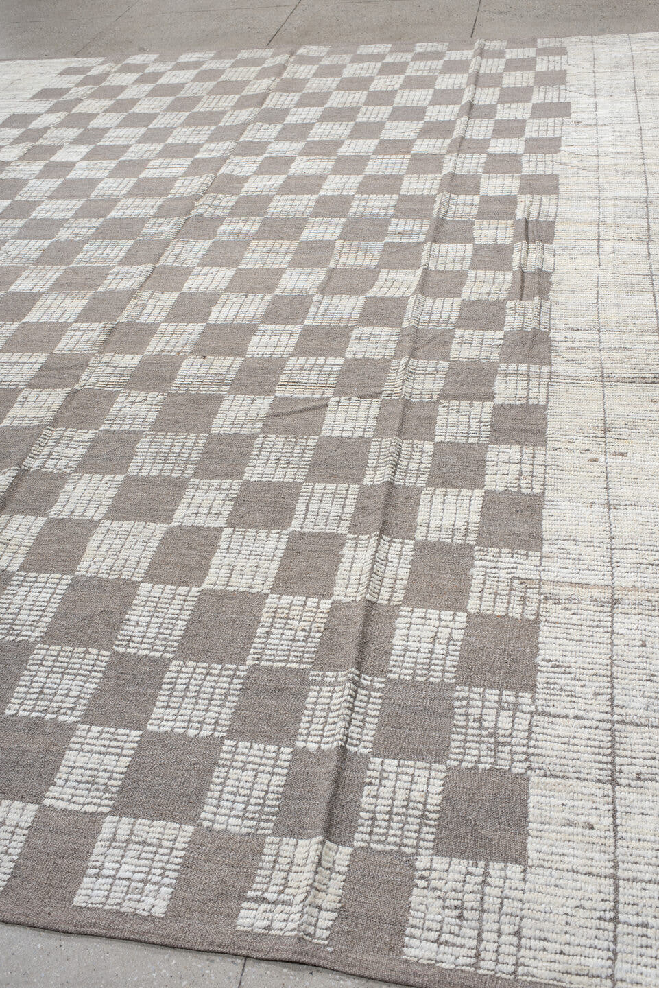10' x 13' one-of-a-kind handmade vintage Tulu large size rug. Color palette: ivory, taupe, gray, cream, beige