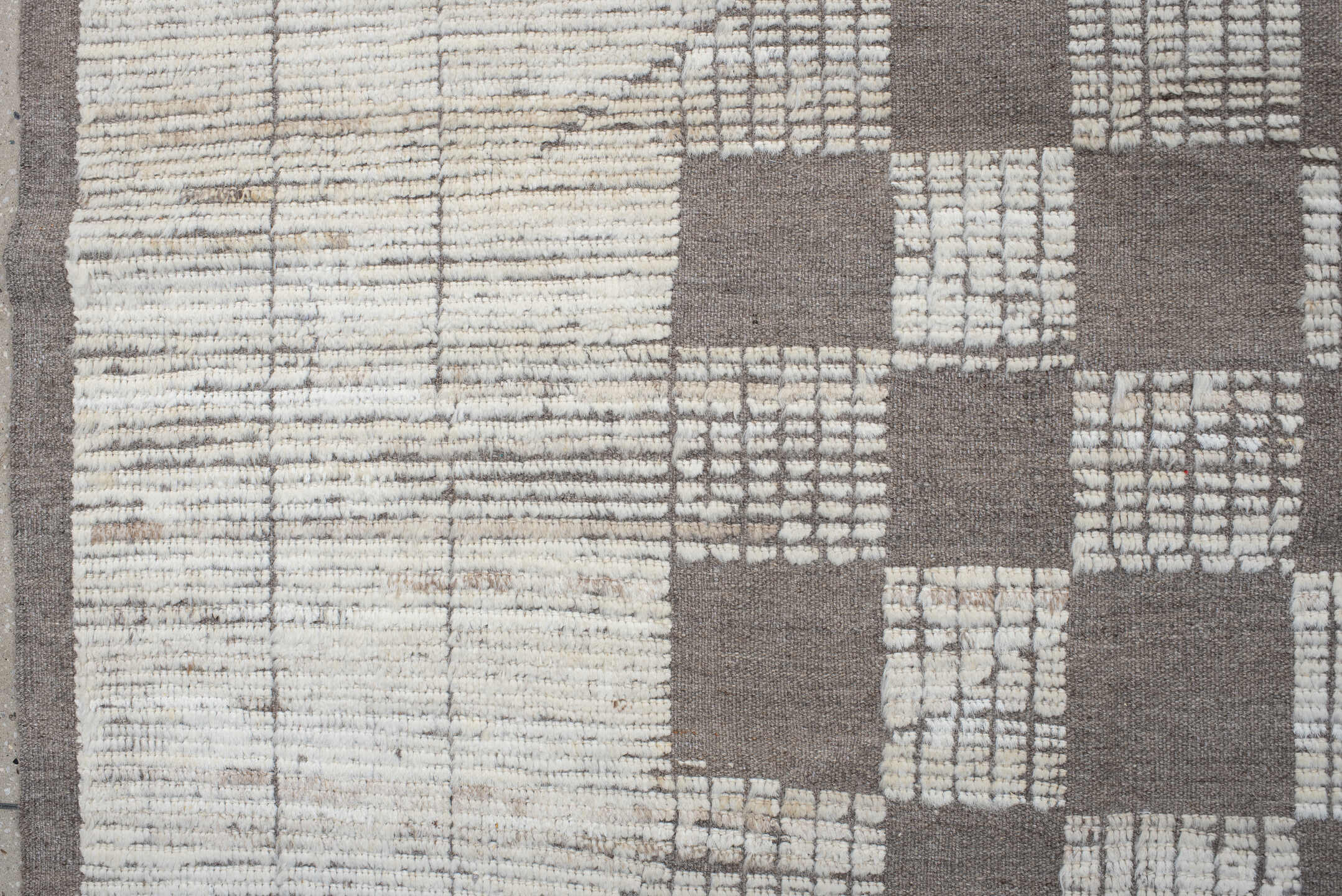 10' x 13' one-of-a-kind handmade vintage Tulu large size rug. Color palette: ivory, taupe, gray, cream, beige