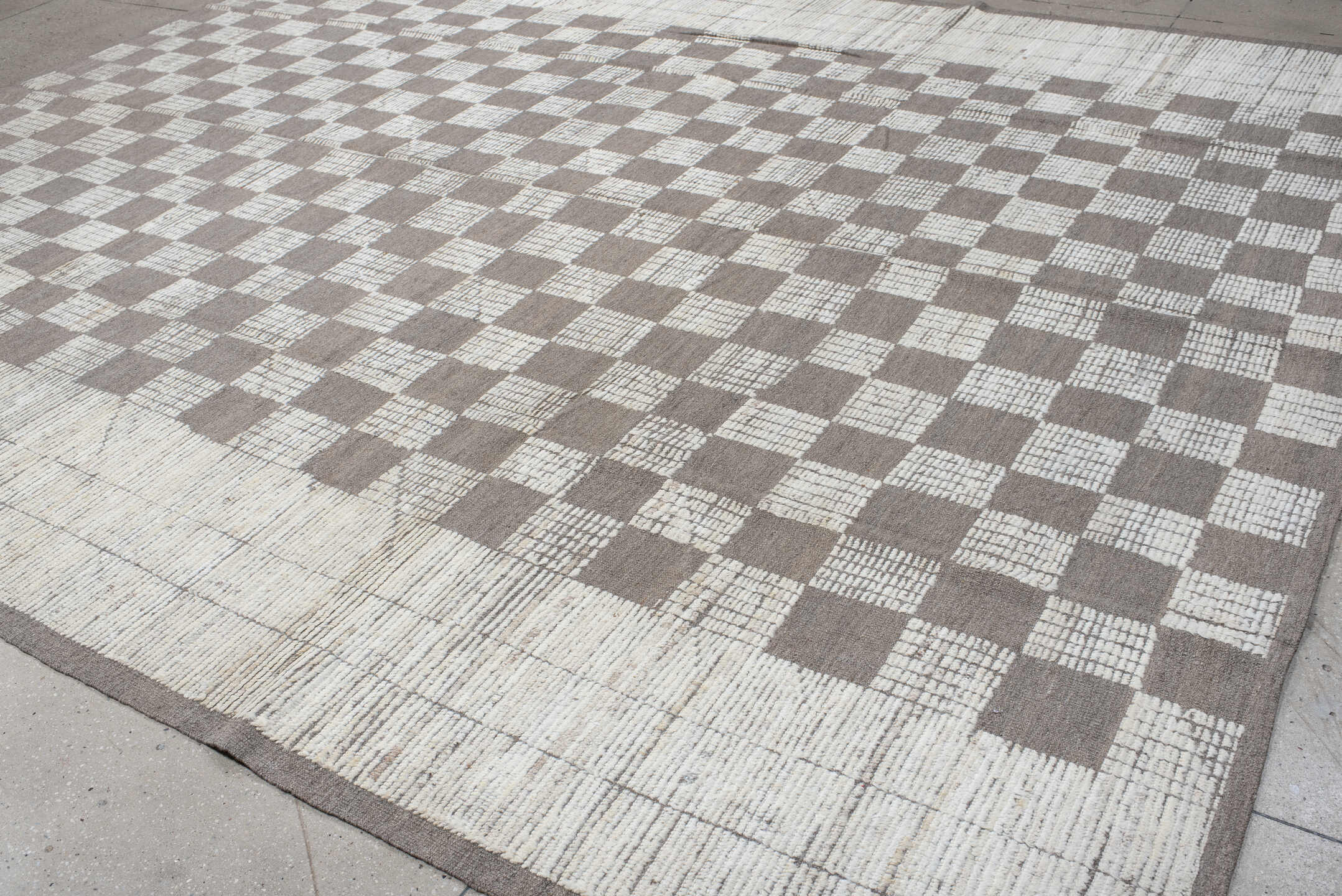 10' x 13' one-of-a-kind handmade vintage Tulu large size rug. Color palette: ivory, taupe, gray, cream, beige