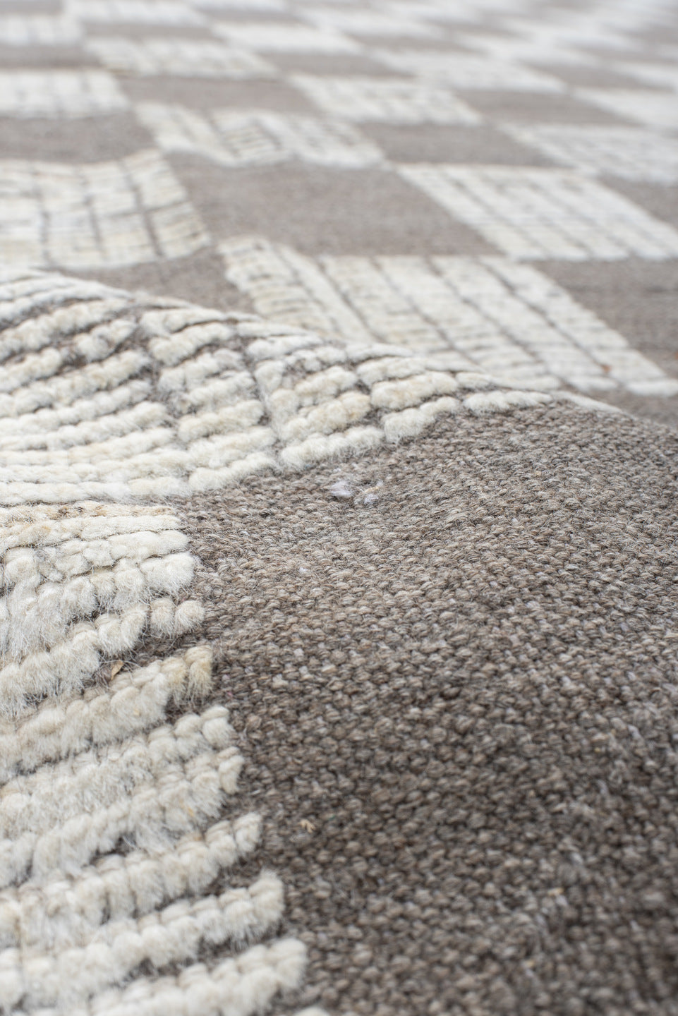 10' x 13' one-of-a-kind handmade vintage Tulu large size rug. Color palette: ivory, taupe, gray, cream, beige