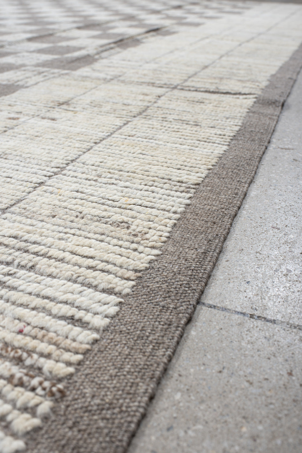 10' x 13' one-of-a-kind handmade vintage Tulu large size rug. Color palette: ivory, taupe, gray, cream, beige
