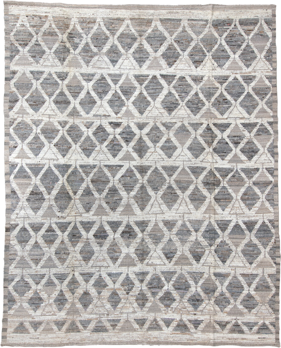 11' x 13' one-of-a-kind handmade vintage Tulu oversize rug. Color palette: gray, ivory, taupe, greige, beige