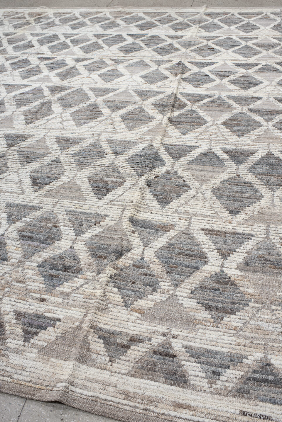 11' x 13' one-of-a-kind handmade vintage Tulu oversize rug. Color palette: blue, dark gray, dim gray, gainsboro, gray