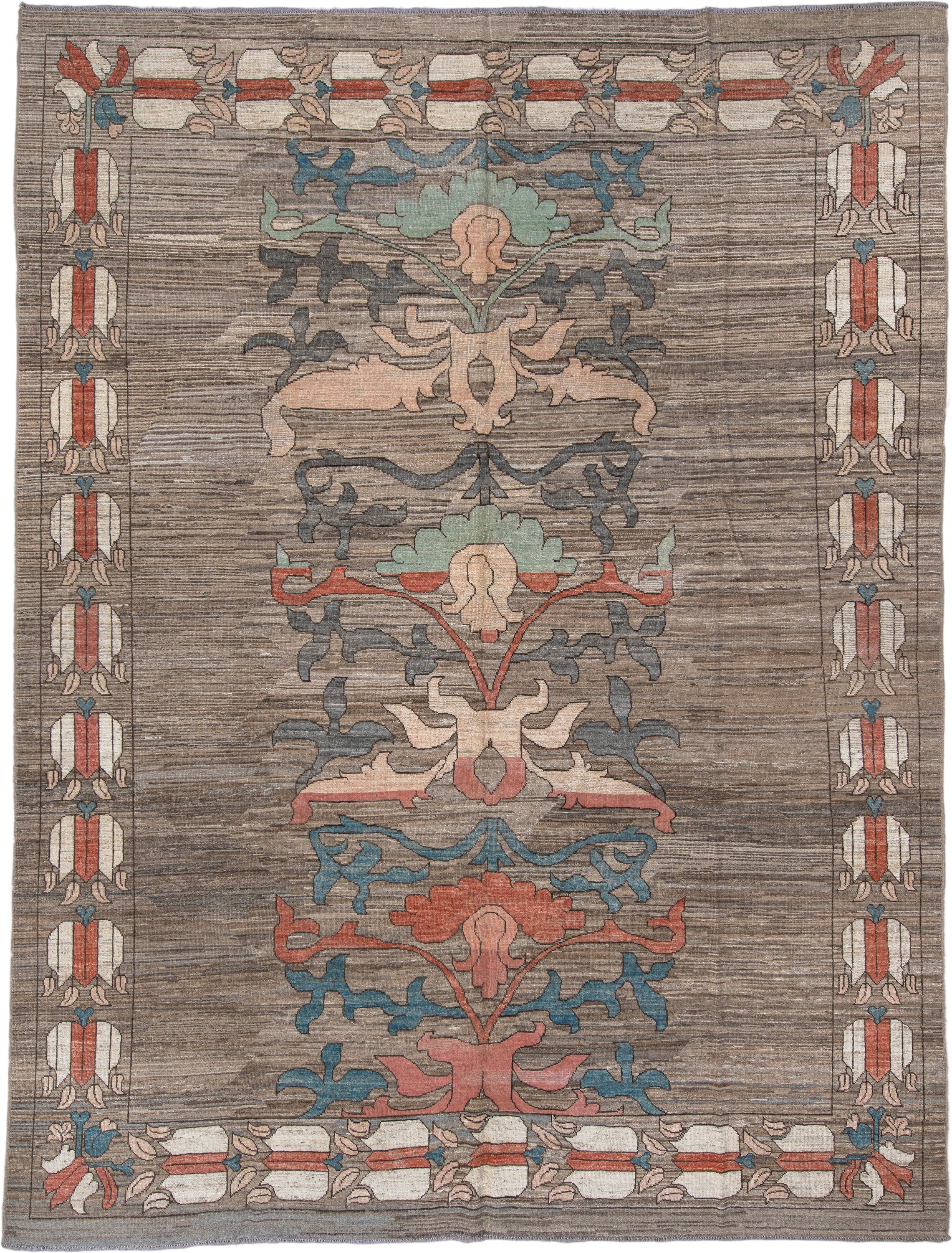 10' x 13' one-of-a-kind handmade vintage Tulu large size rug. Color palette: taupe, ivory, coral, slate, teal, peach, sage