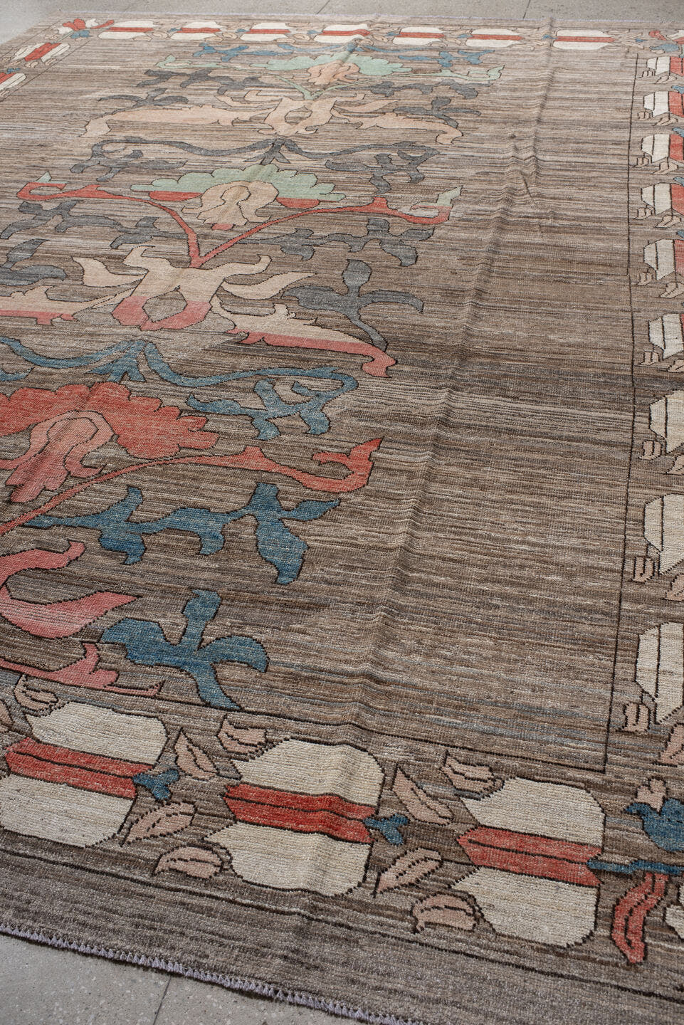10' x 13' one-of-a-kind handmade vintage Tulu large size rug. Color palette: taupe, ivory, coral, slate, teal, peach, sage