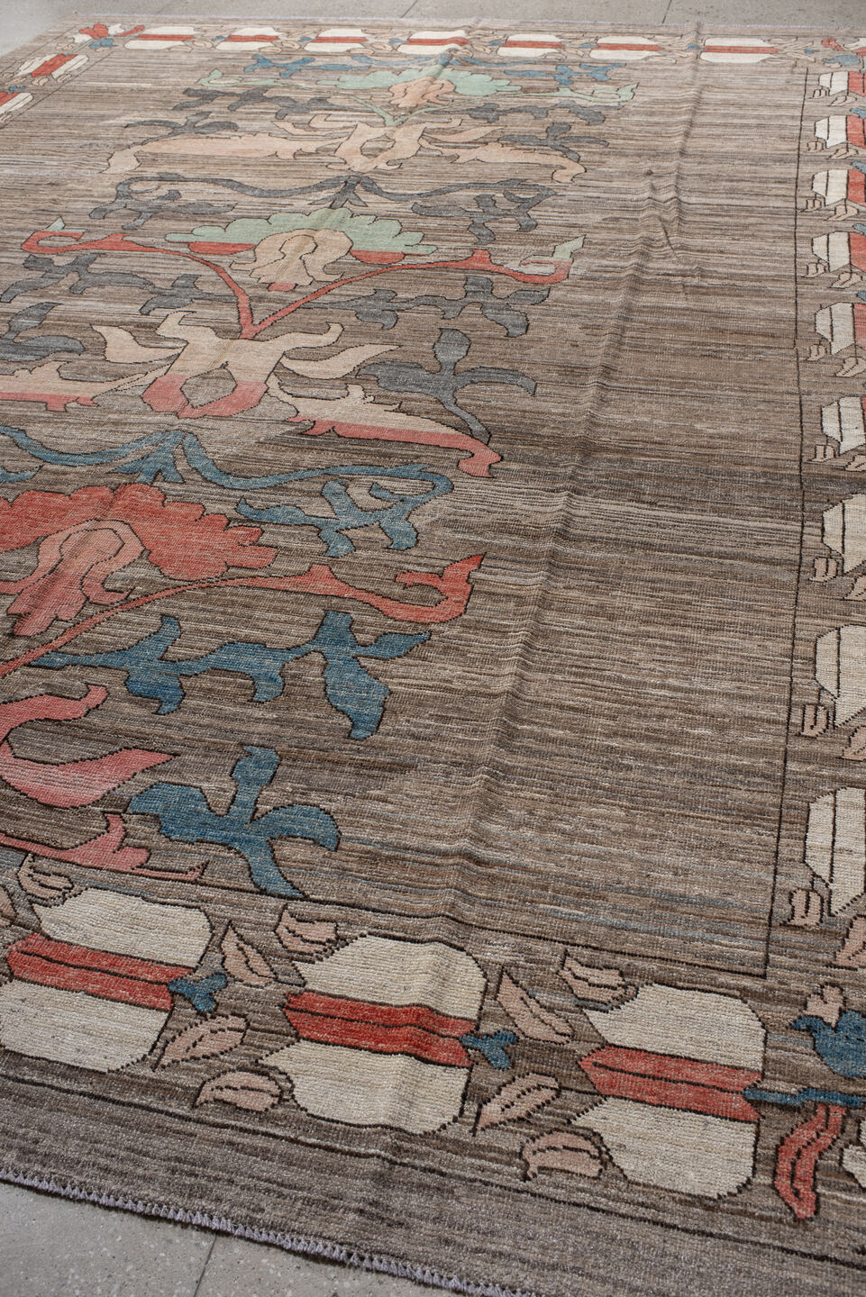 10' x 13' one-of-a-kind handmade vintage Tulu large size rug. Color palette: taupe, ivory, coral, slate, teal, peach, sage