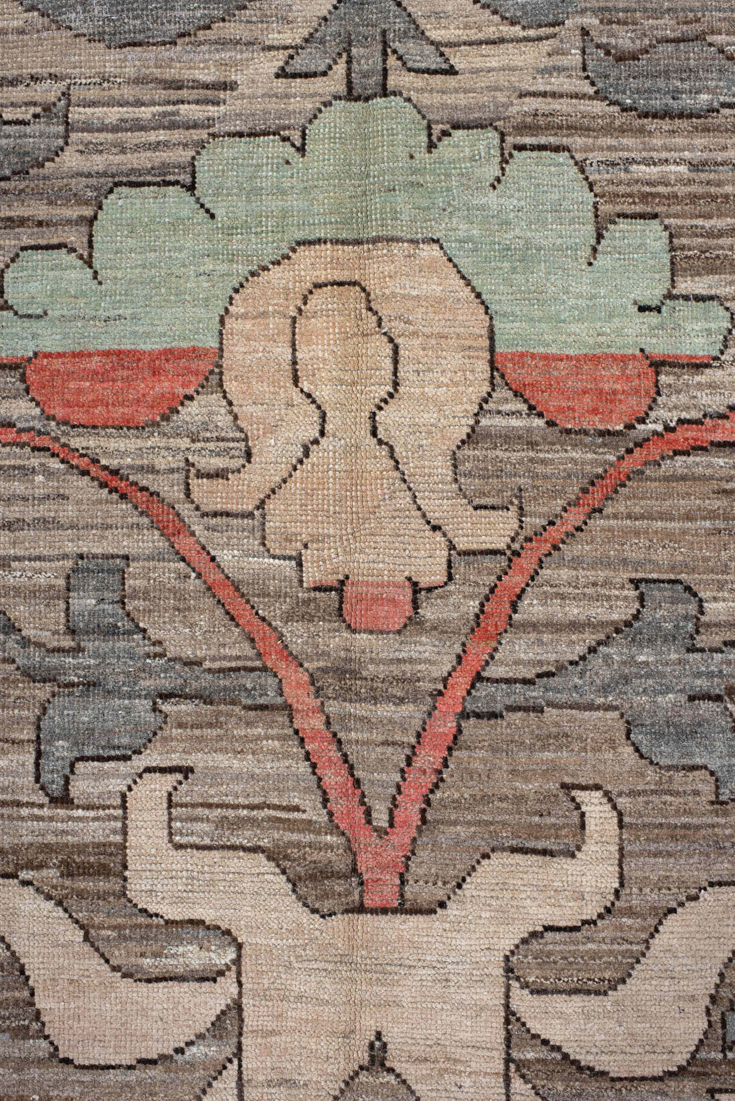 10' x 13' one-of-a-kind handmade vintage Tulu large size rug. Color palette: taupe, ivory, coral, slate, teal, peach, sage