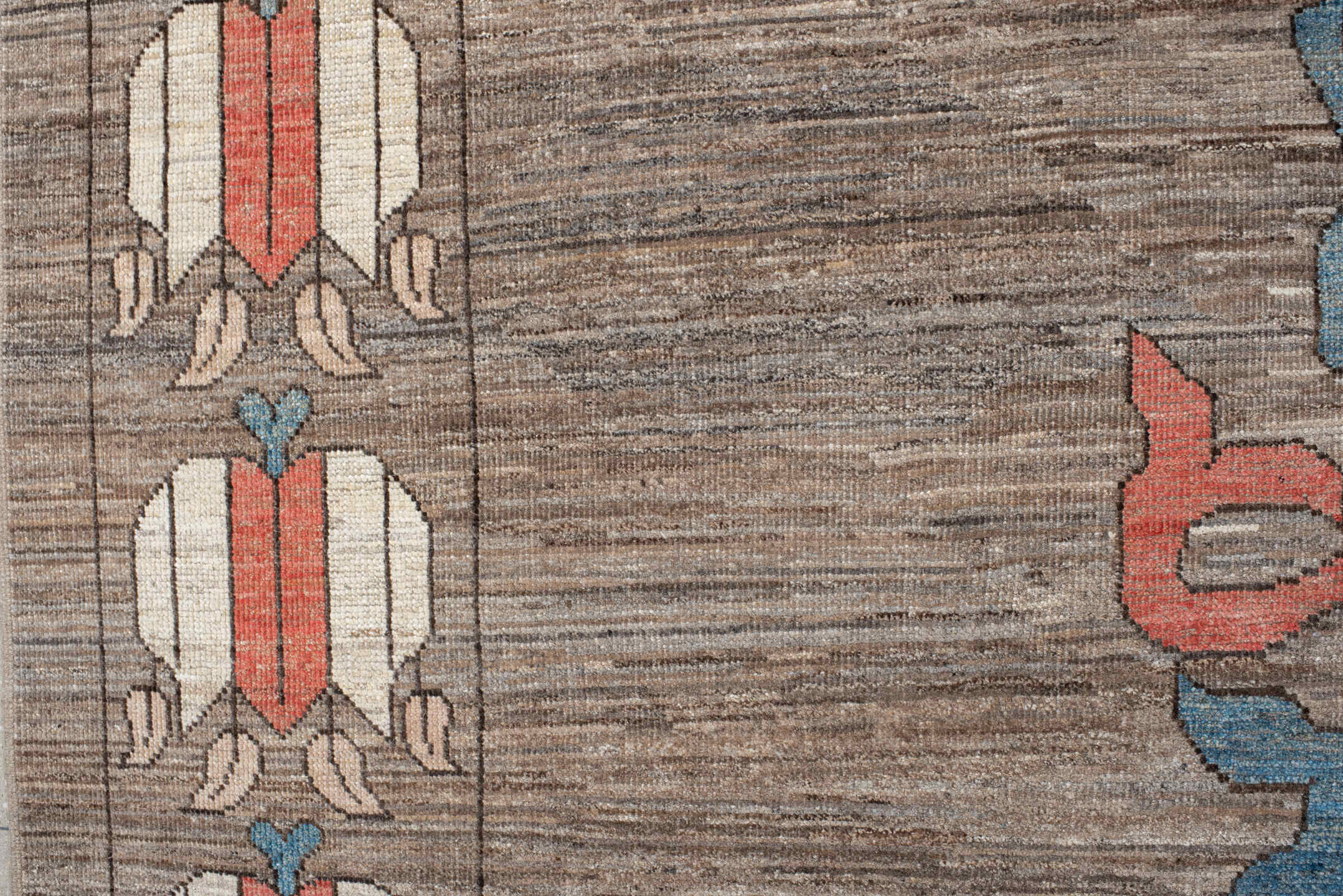 10' x 13' one-of-a-kind handmade vintage Tulu large size rug. Color palette: taupe, ivory, coral, slate, teal, peach, sage