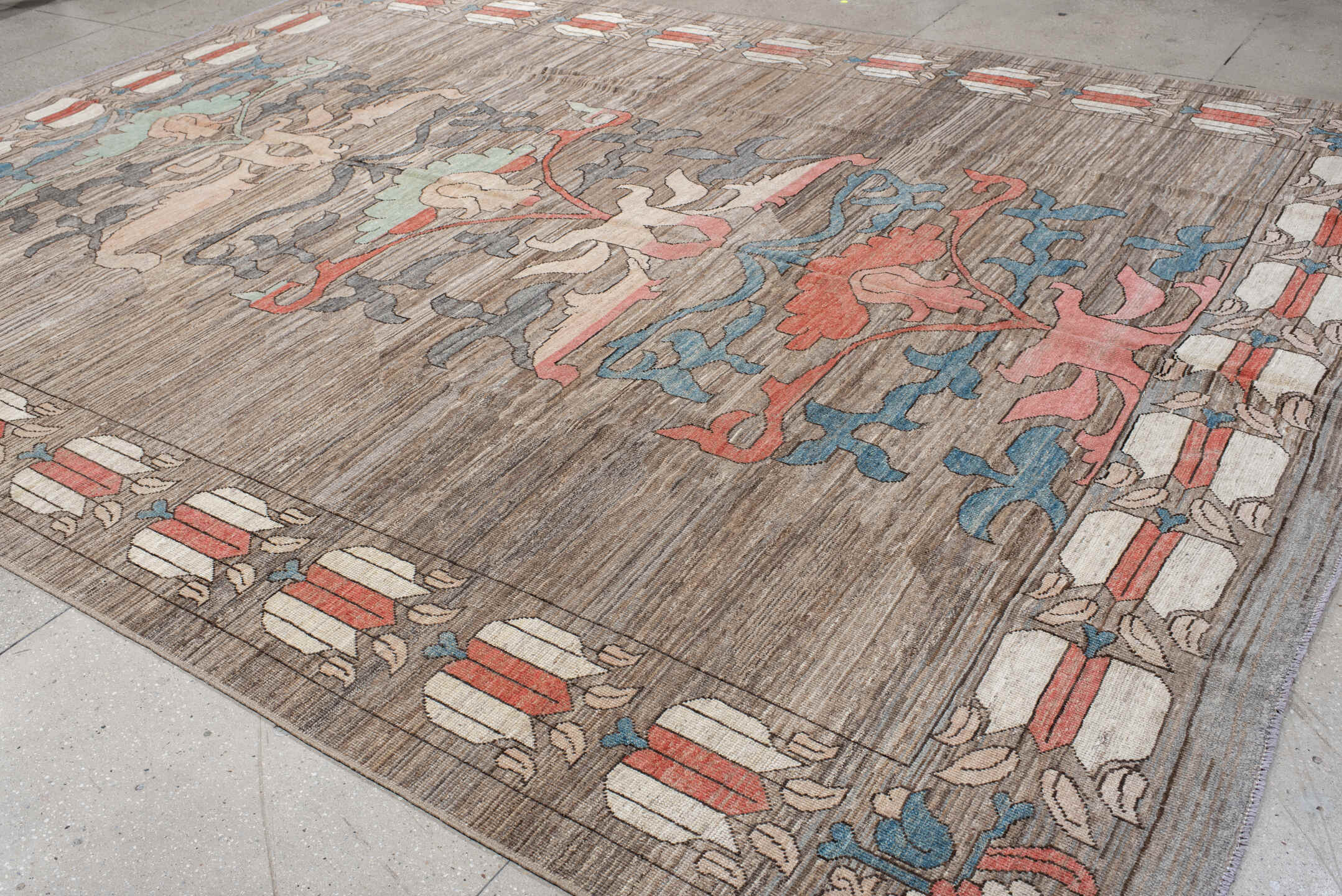 10' x 13' one-of-a-kind handmade vintage Tulu large size rug. Color palette: taupe, ivory, coral, slate, teal, peach, sage
