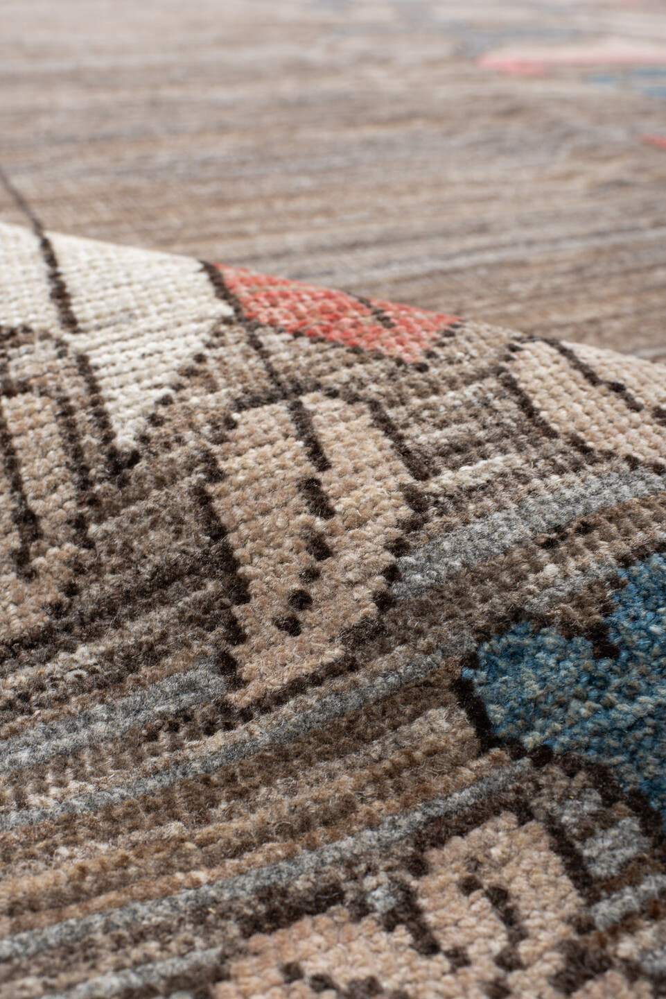 10' x 13' one-of-a-kind handmade vintage Tulu large size rug. Color palette: taupe, ivory, coral, slate, teal, peach, sage