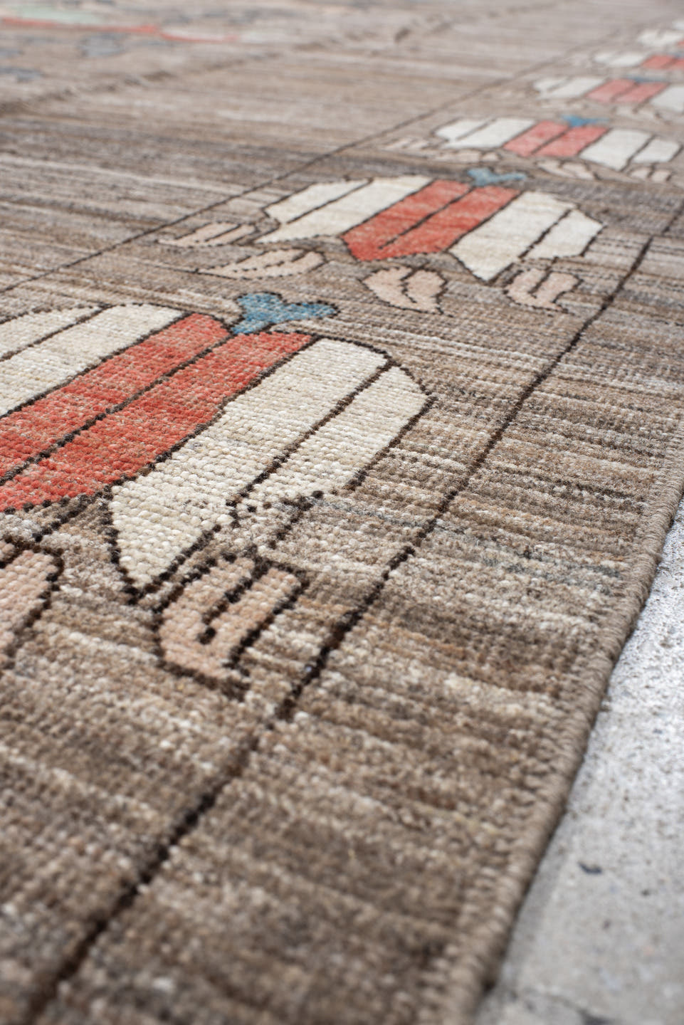10' x 13' one-of-a-kind handmade vintage Tulu large size rug. Color palette: taupe, ivory, coral, slate, teal, peach, sage