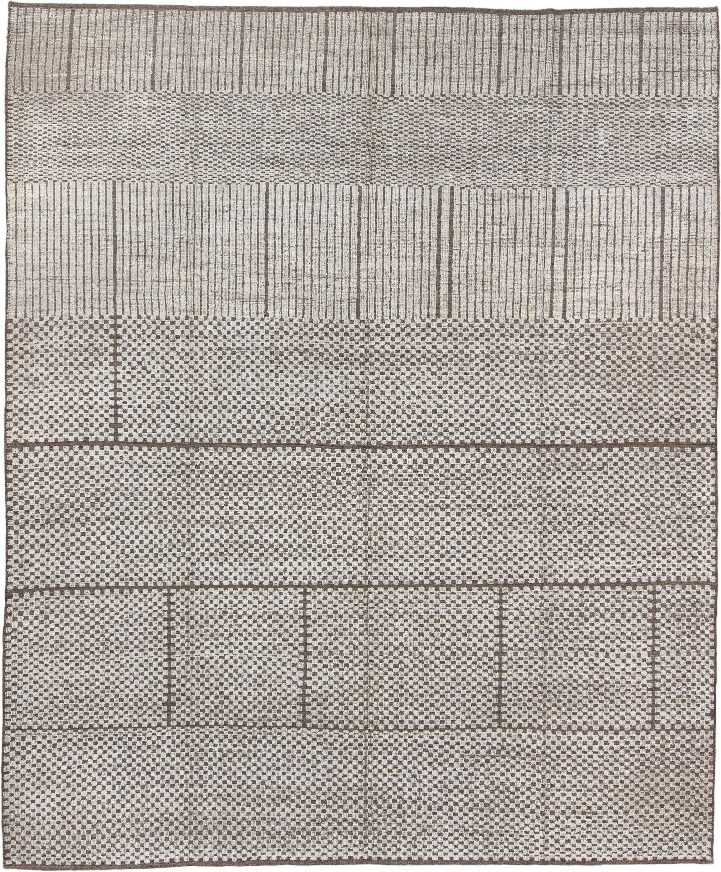 9' x 11' one-of-a-kind handmade vintage Tulu large size rug. Color palette: ivory, taupe, brown, beige, gray
