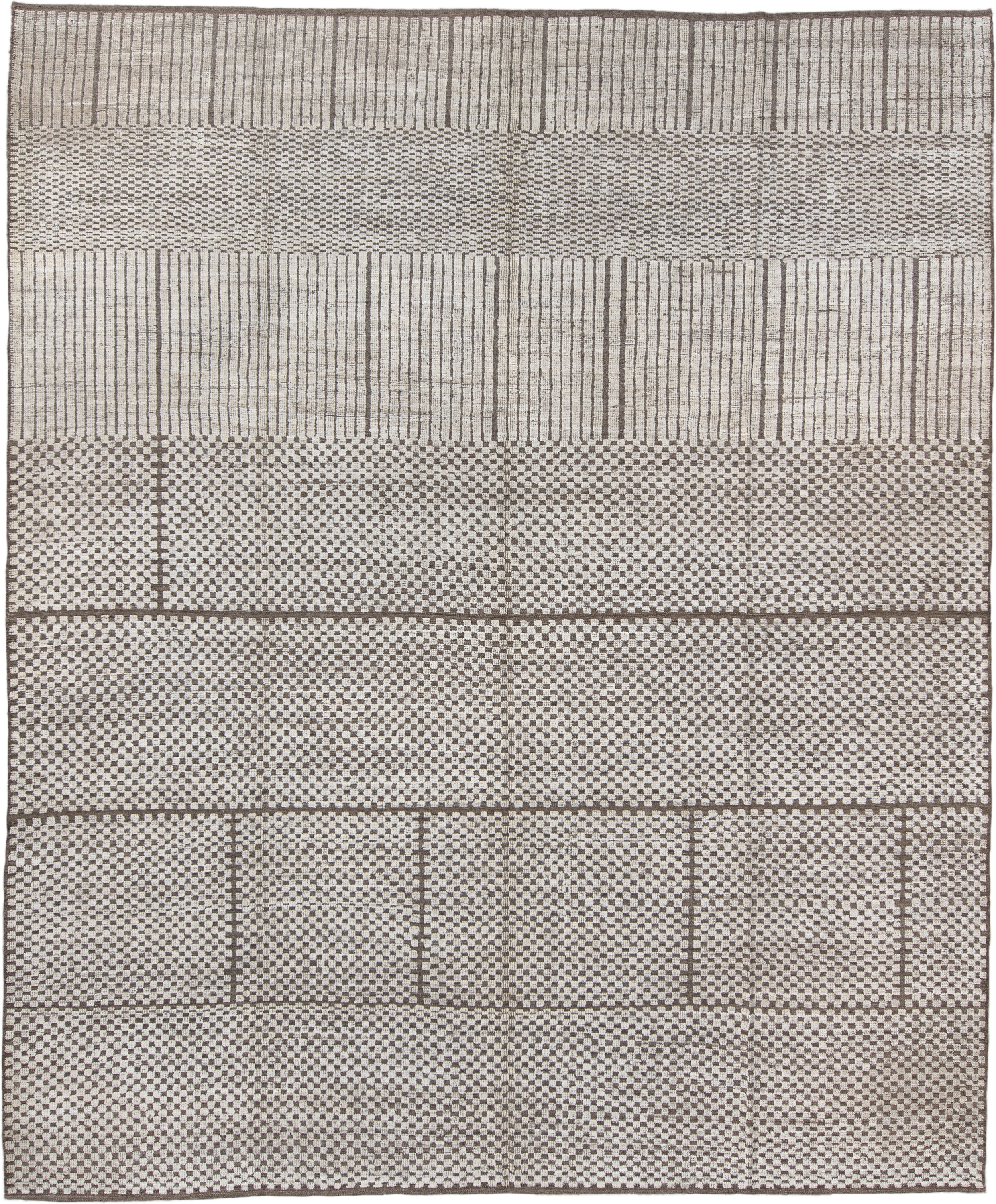 9' x 11' one-of-a-kind handmade vintage Tulu large size rug. Color palette: ivory, taupe, brown, beige, gray