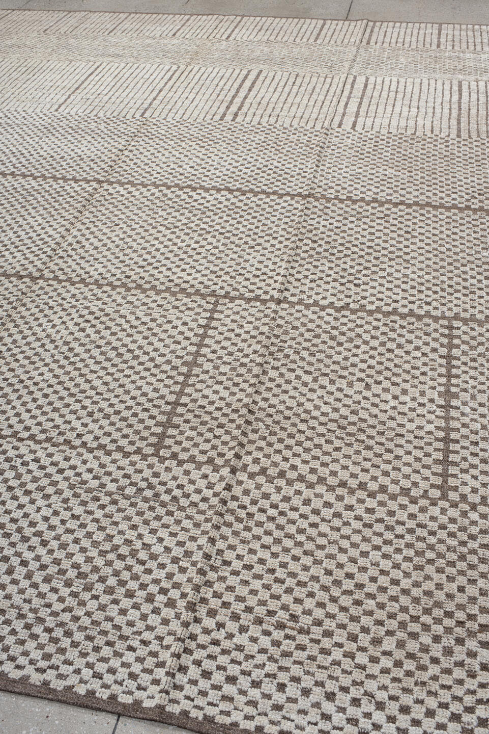 9' x 11' one-of-a-kind handmade vintage Tulu large size rug. Color palette: ivory, taupe, brown, beige, gray