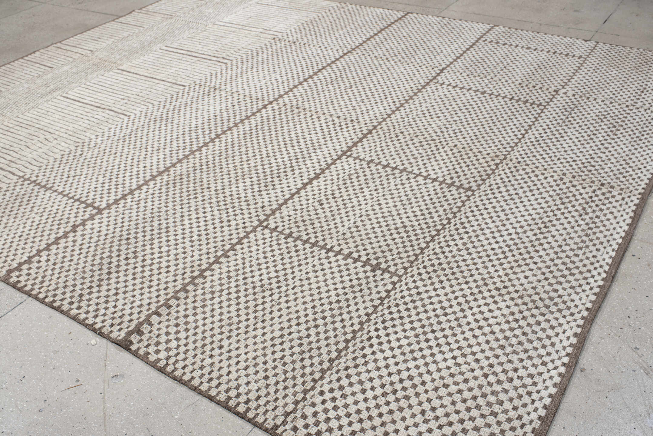 9' x 11' one-of-a-kind handmade vintage Tulu large size rug. Color palette: ivory, taupe, brown, beige, gray