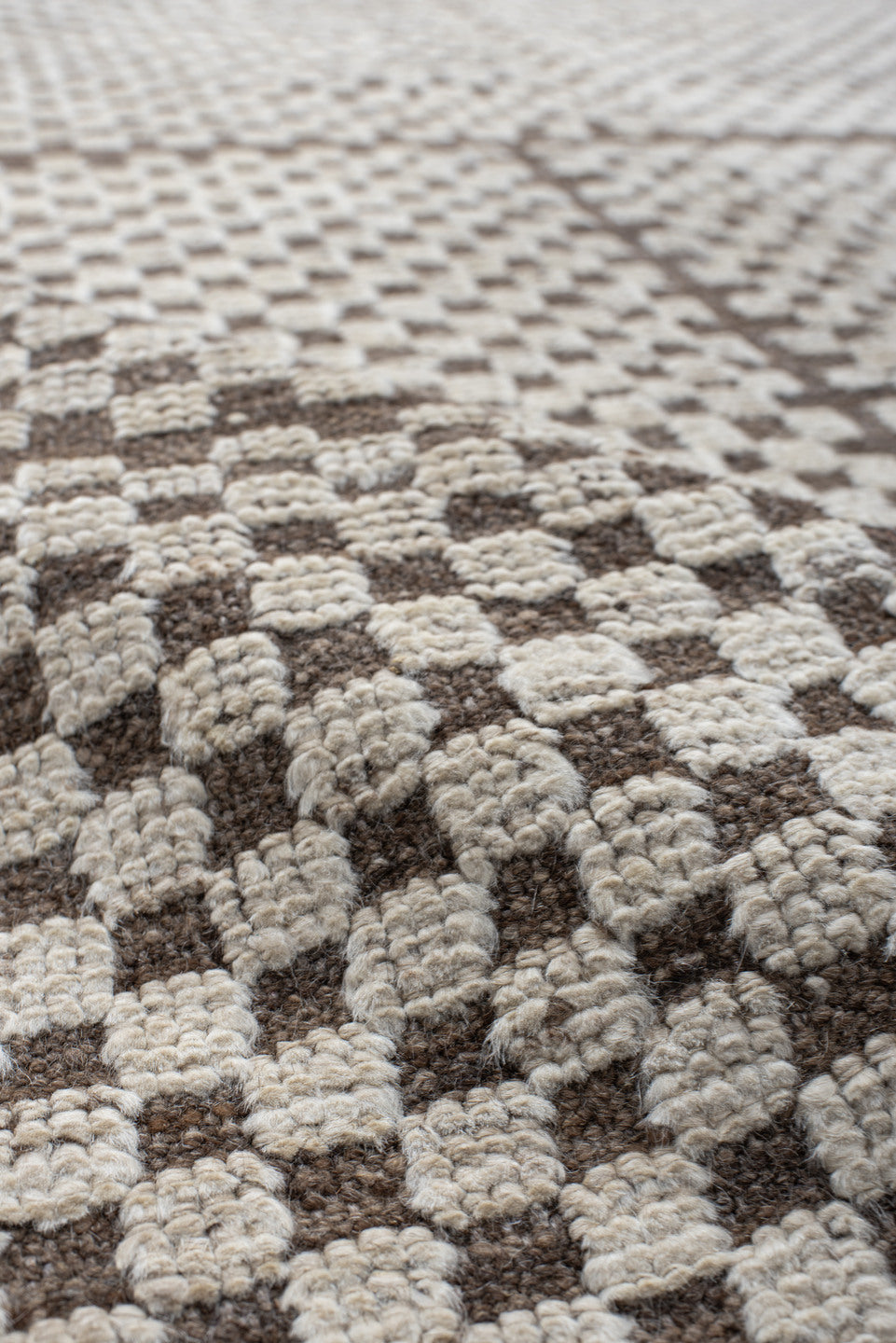 9' x 11' one-of-a-kind handmade vintage Tulu large size rug. Color palette: ivory, taupe, brown, beige, gray