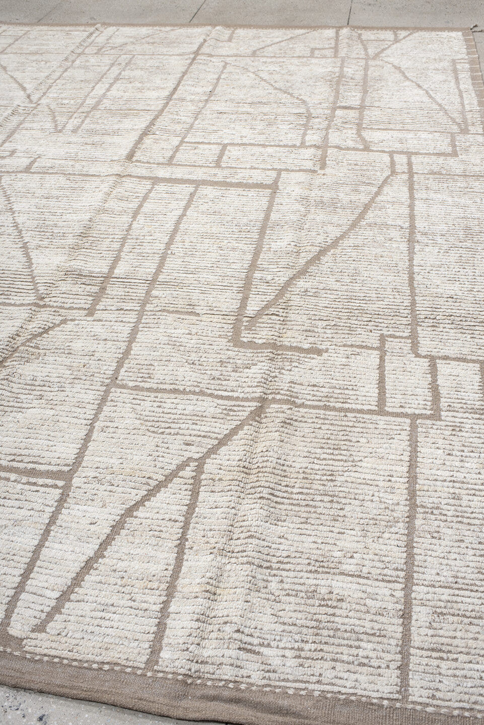 9' x 12' one-of-a-kind handmade vintage Tulu large size rug. Color palette: ivory, taupe, cream, greige, beige, gray