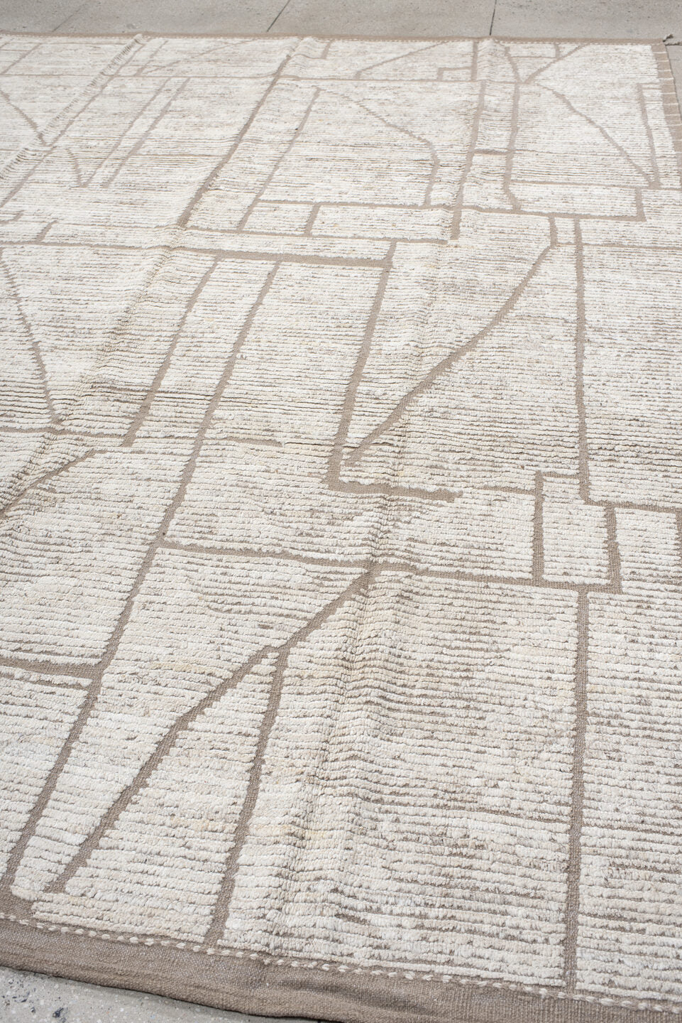 9' x 12' one-of-a-kind handmade vintage Tulu large size rug. Color palette: ivory, taupe, cream, greige, beige, gray