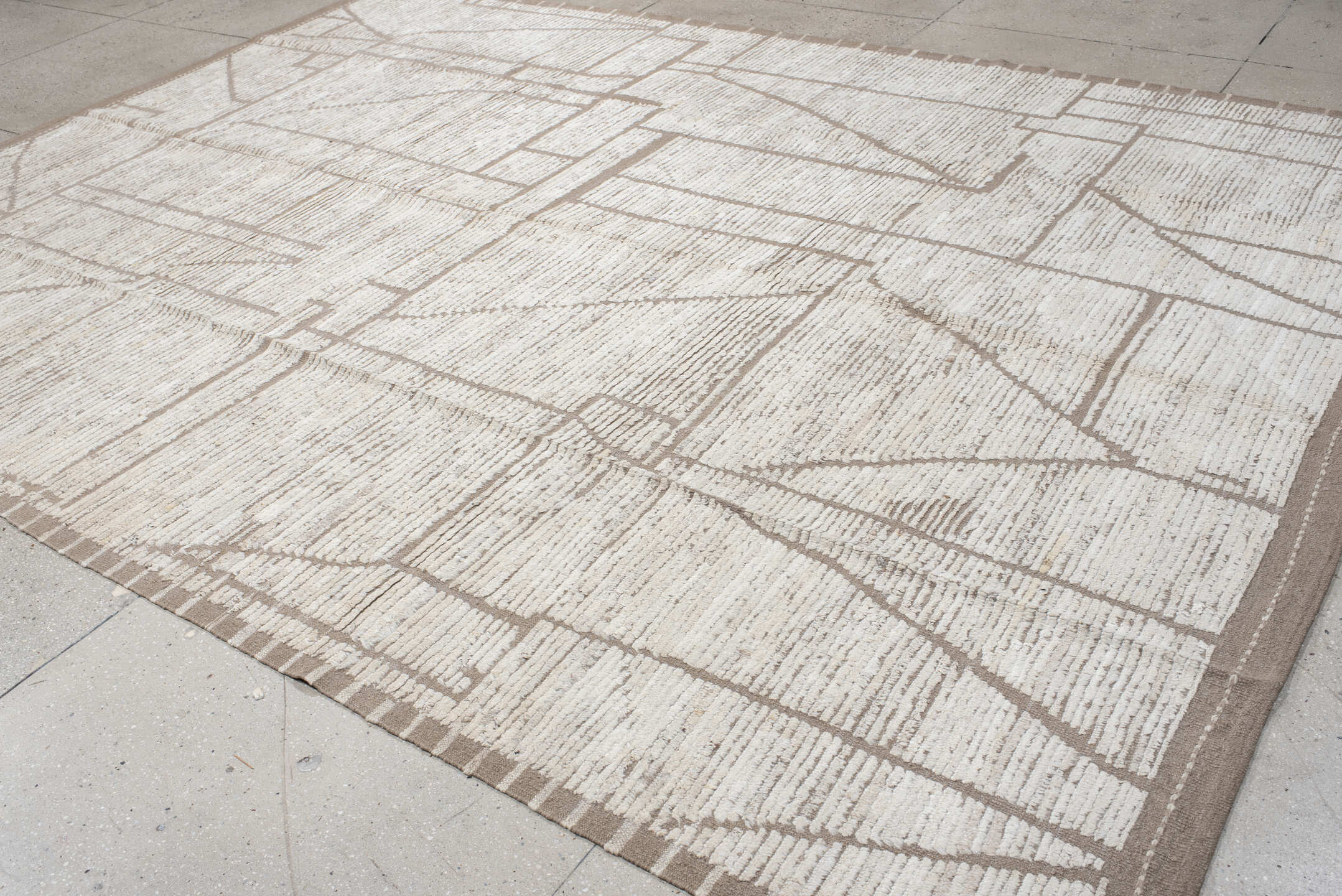 9' x 12' one-of-a-kind handmade vintage Tulu large size rug. Color palette: ivory, taupe, cream, greige, beige, gray