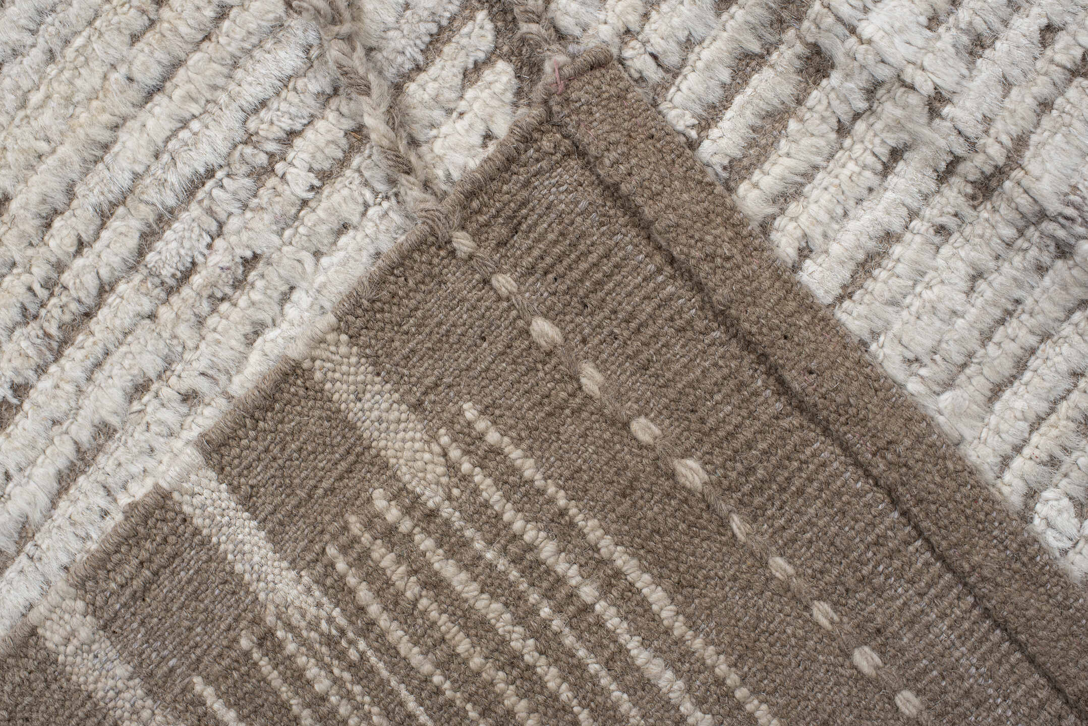 9' x 12' one-of-a-kind handmade vintage Tulu large size rug. Color palette: ivory, taupe, cream, greige, beige, gray