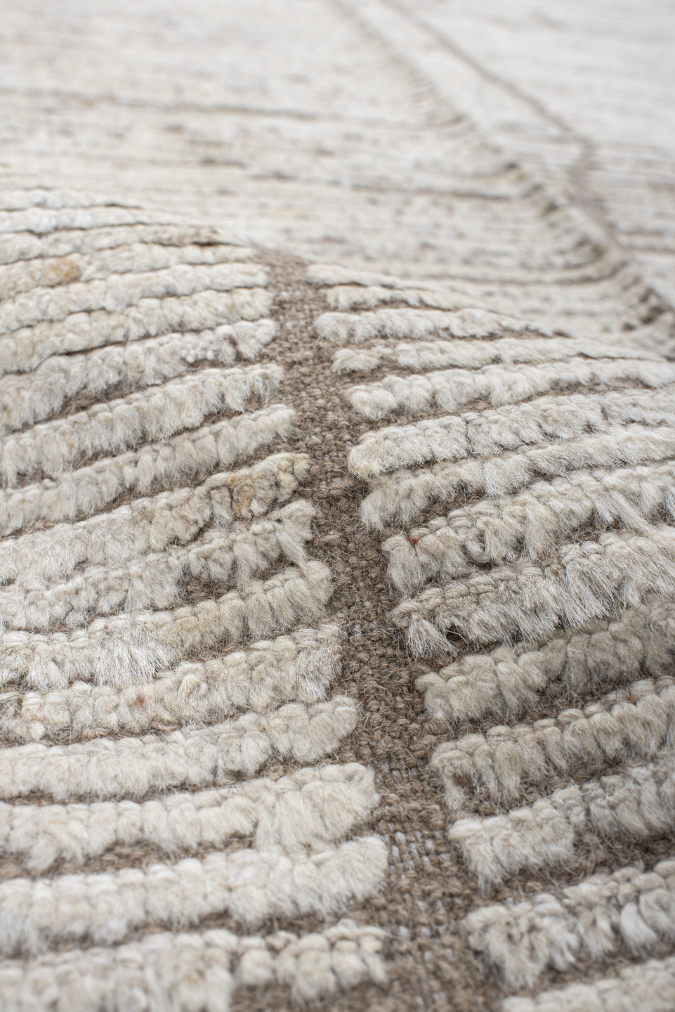 9' x 12' one-of-a-kind handmade vintage Tulu large size rug. Color palette: ivory, taupe, cream, greige, beige, gray