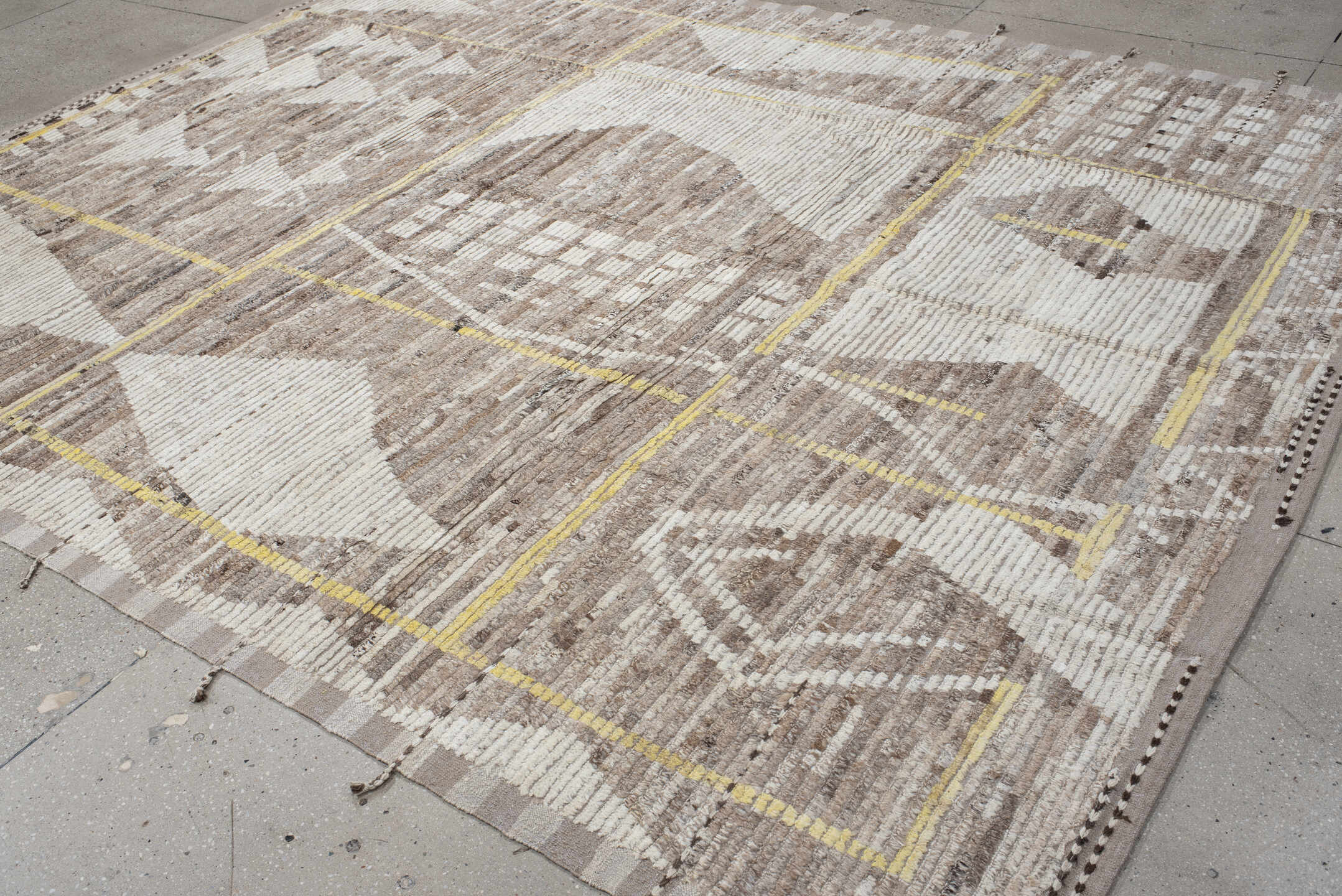 9' x 11' one-of-a-kind handmade vintage Tulu large size rug. Color palette: ivory, taupe, beige, pale_yellow, brown, gray