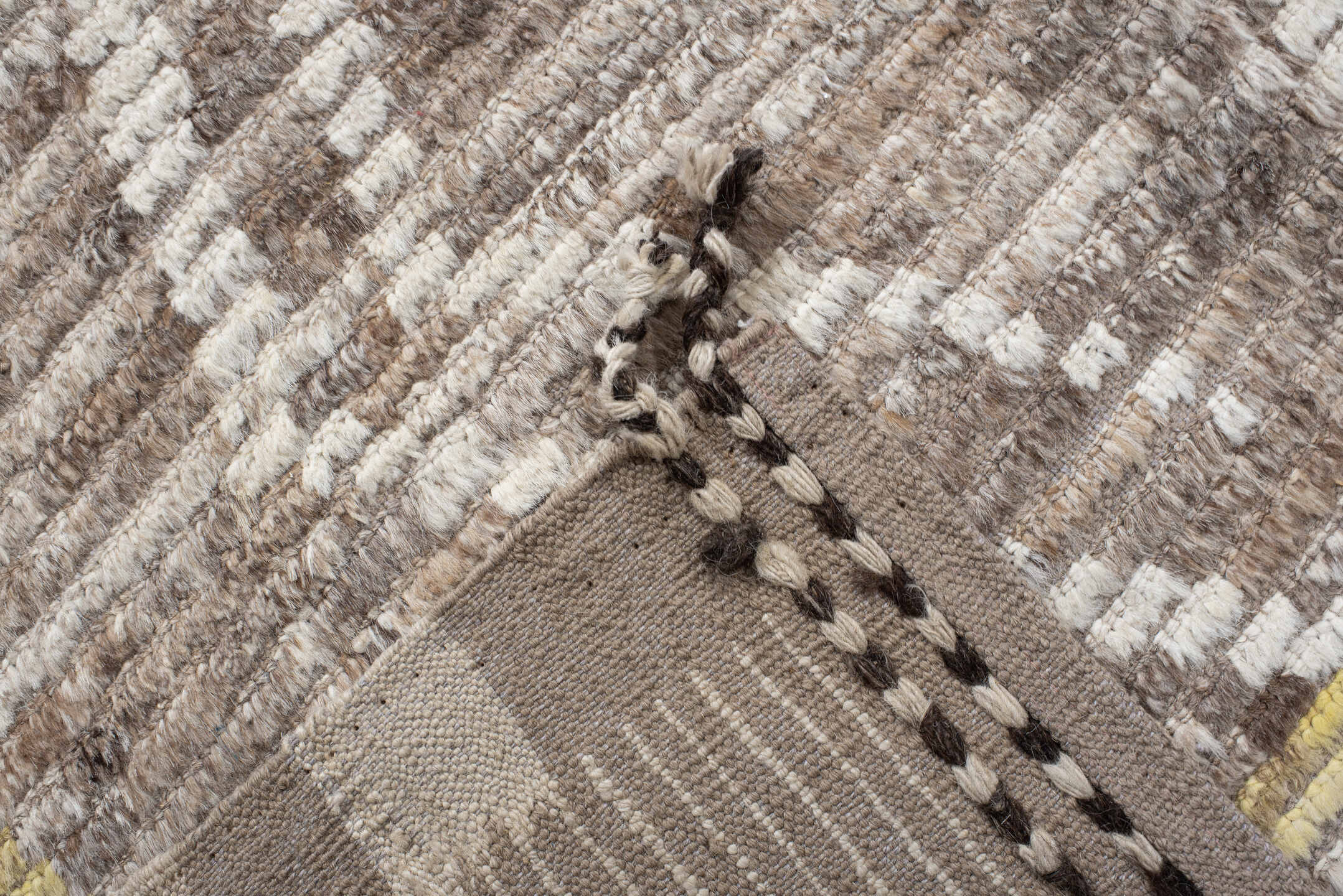 9' x 11' one-of-a-kind handmade vintage Tulu large size rug. Color palette: ivory, taupe, beige, pale_yellow, brown, gray