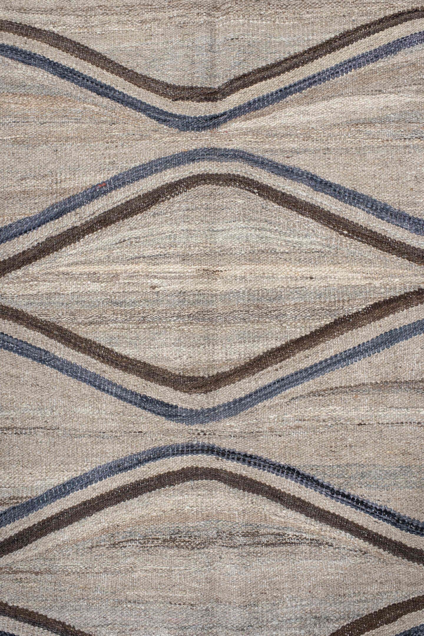9' x 11' one-of-a-kind handmade vintage Kilim large size rug. Color palette: ivory, taupe, slate, brown, charcoal, beige