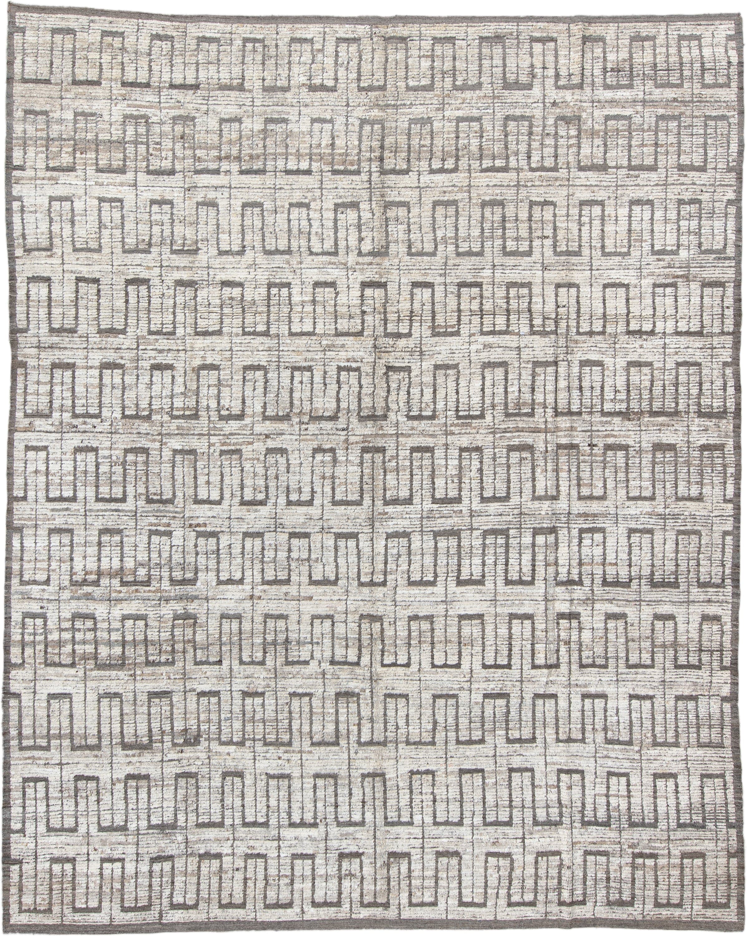 9' x 11' one-of-a-kind handmade vintage Tulu large size rug. Color palette: ivory, taupe, gray, charcoal, beige, black